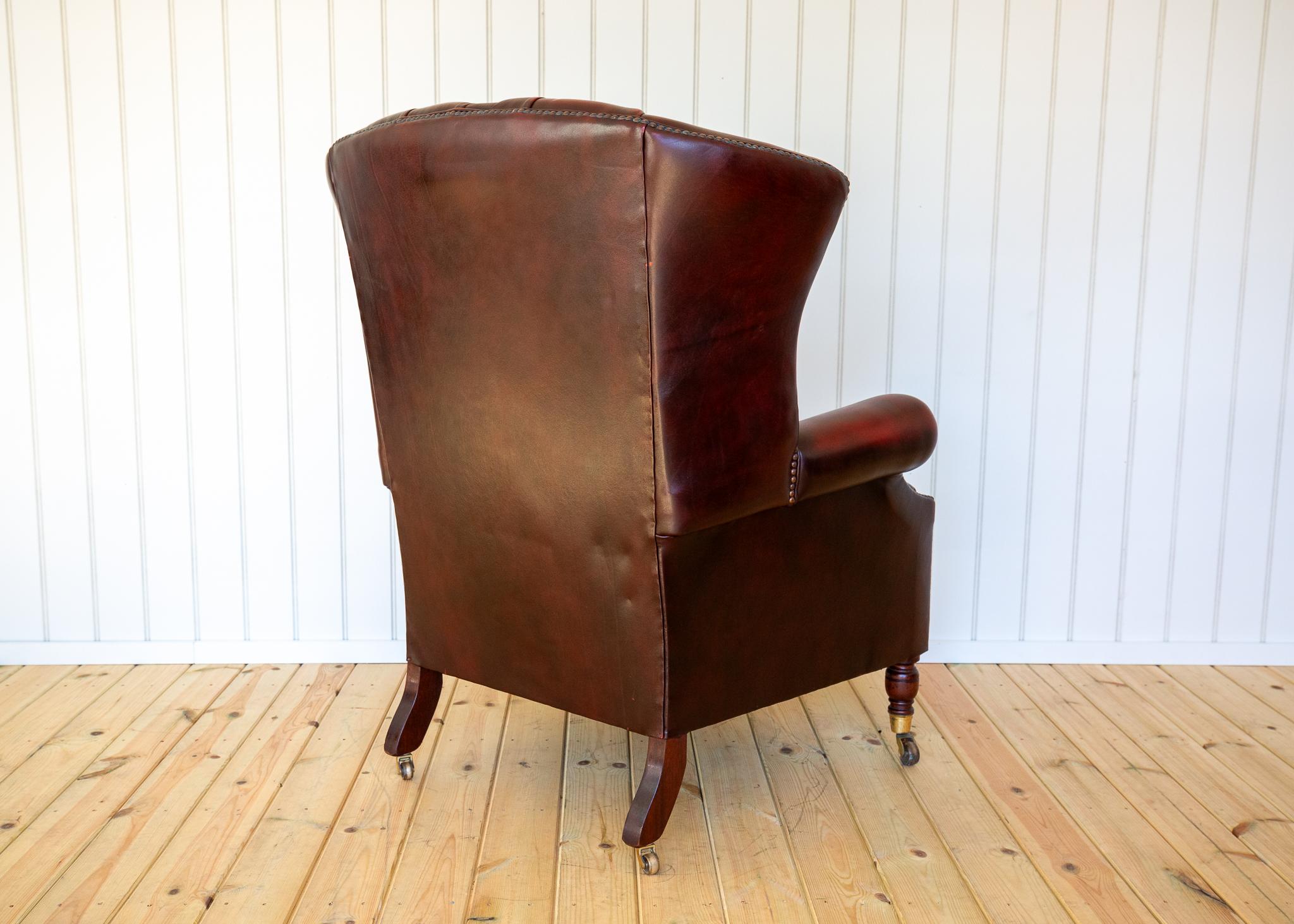 Hand-Crafted Harrods Wingback Chesterfield Armchair Georgian Style Oxblood Red 1990s Fireside For Sale