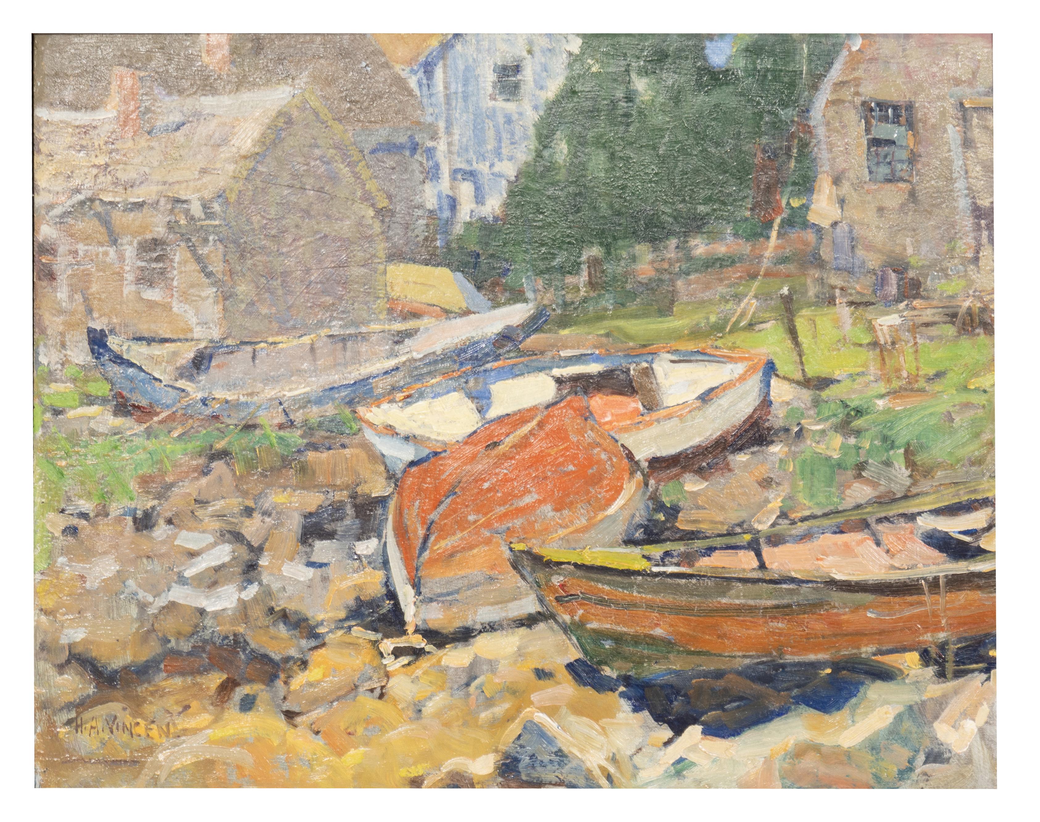 Vincent Vincent è un noto pittore di Cape Ann noto per il suo stile di pittura plein air. Questo quadro presenta una scena marina che raffigura barche e pesca nel New England. Sul retro del dipinto, che è su tavola di legno, c'è la firma