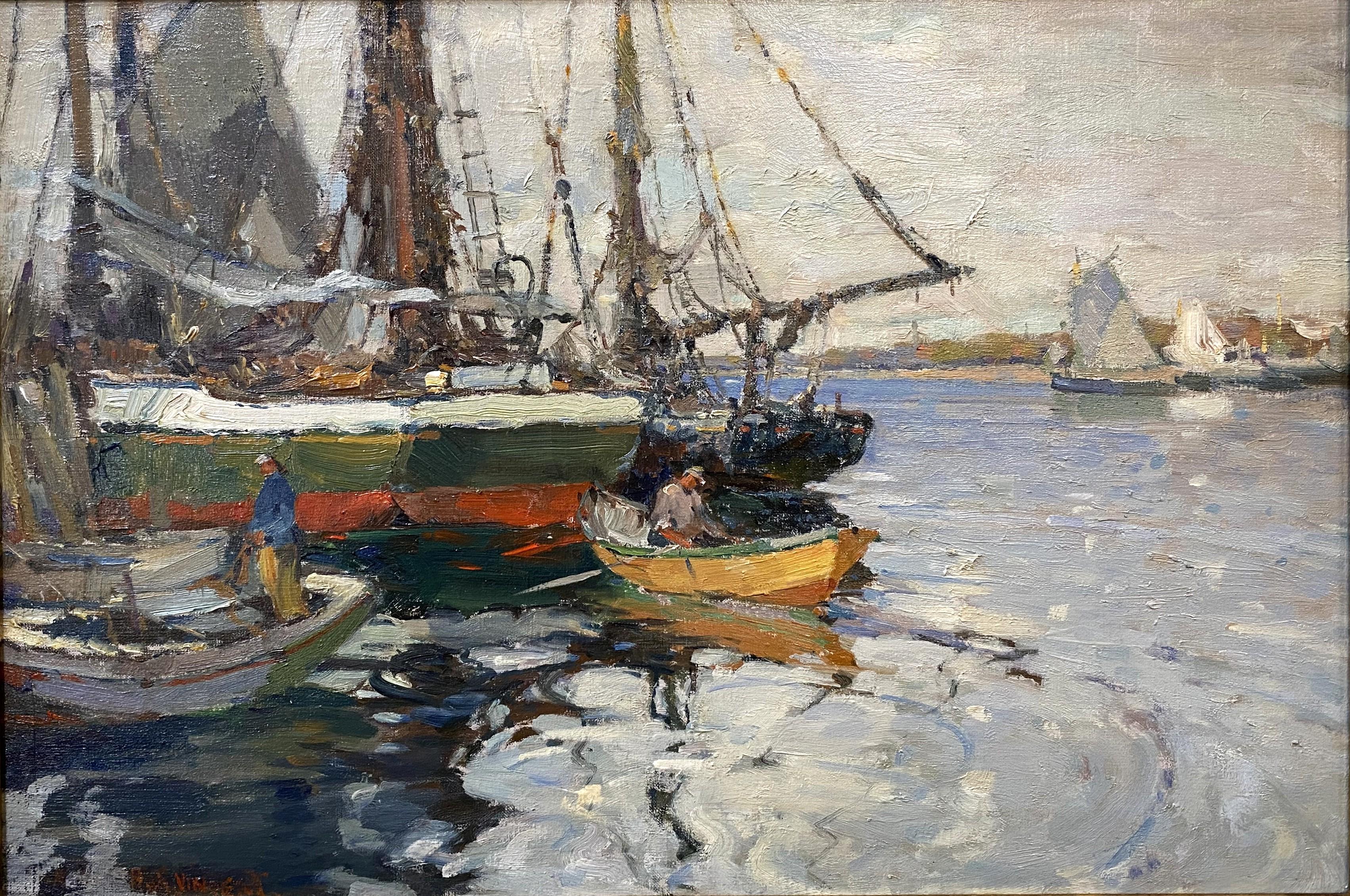 Harbor Scene with Boats & Fishermen - Painting by Harry Aiken Vincent