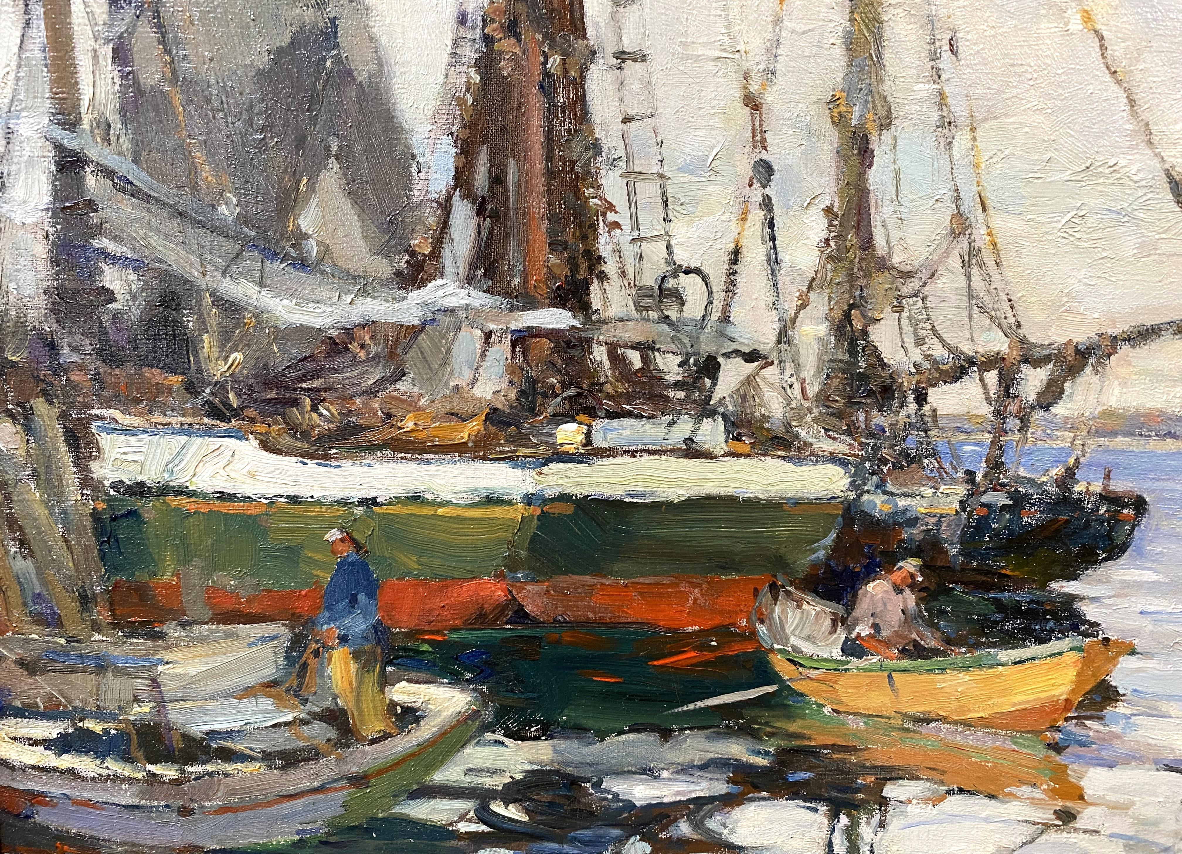 Harbor Scene with Boats & Fishermen - American Impressionist Painting by Harry Aiken Vincent