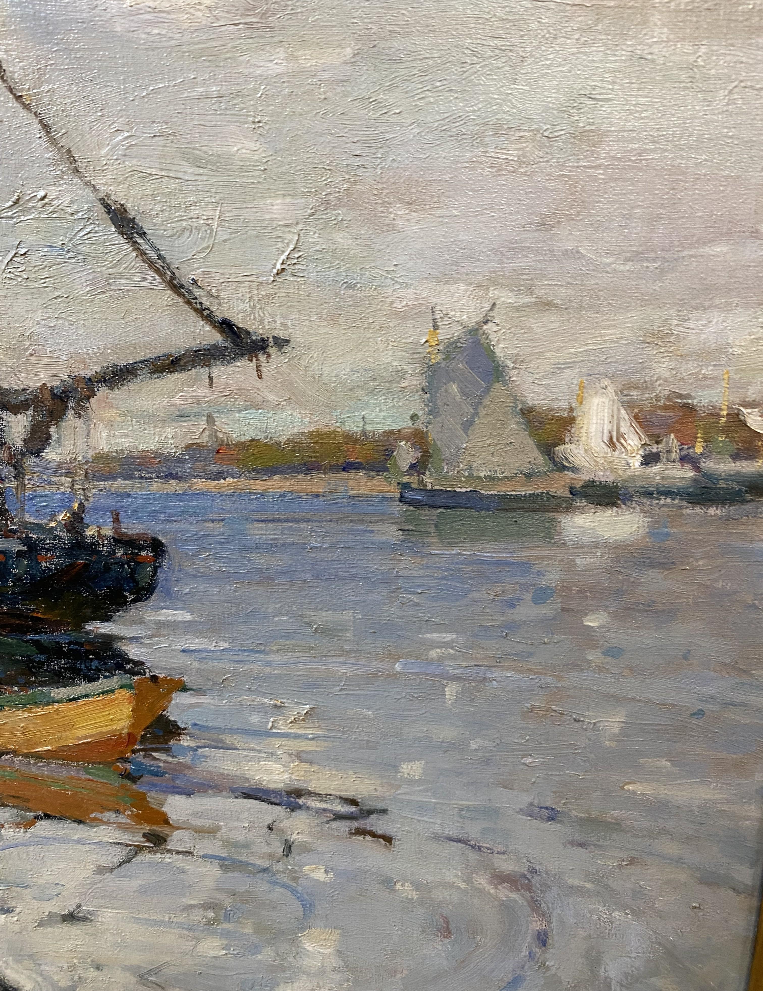 Harbor Scene with Boats & Fishermen - Brown Figurative Painting by Harry Aiken Vincent