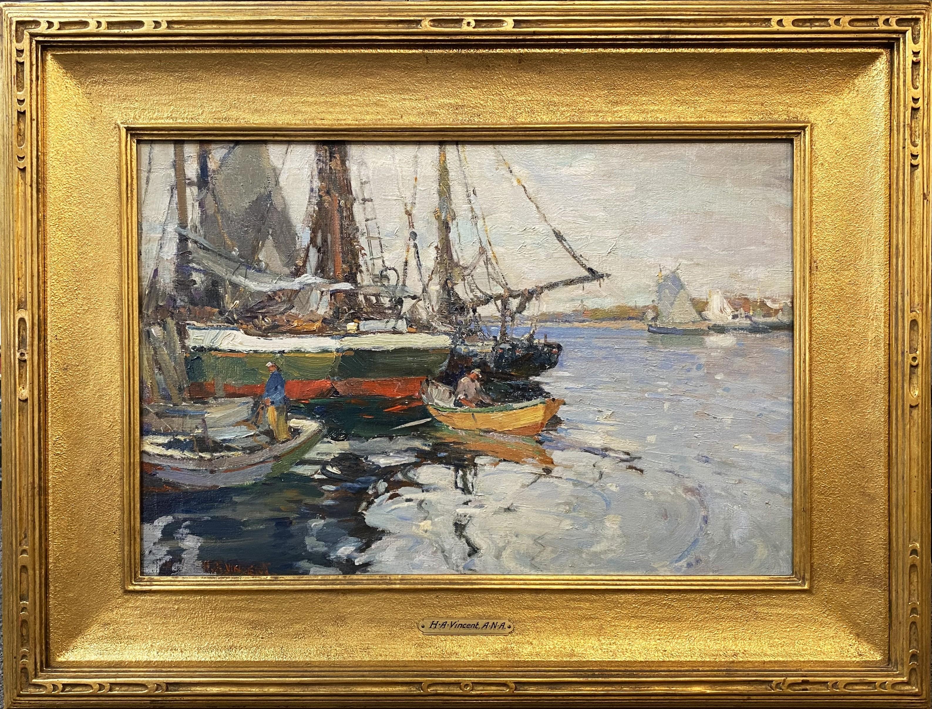 Harry Aiken Vincent Figurative Painting - Harbor Scene with Boats & Fishermen
