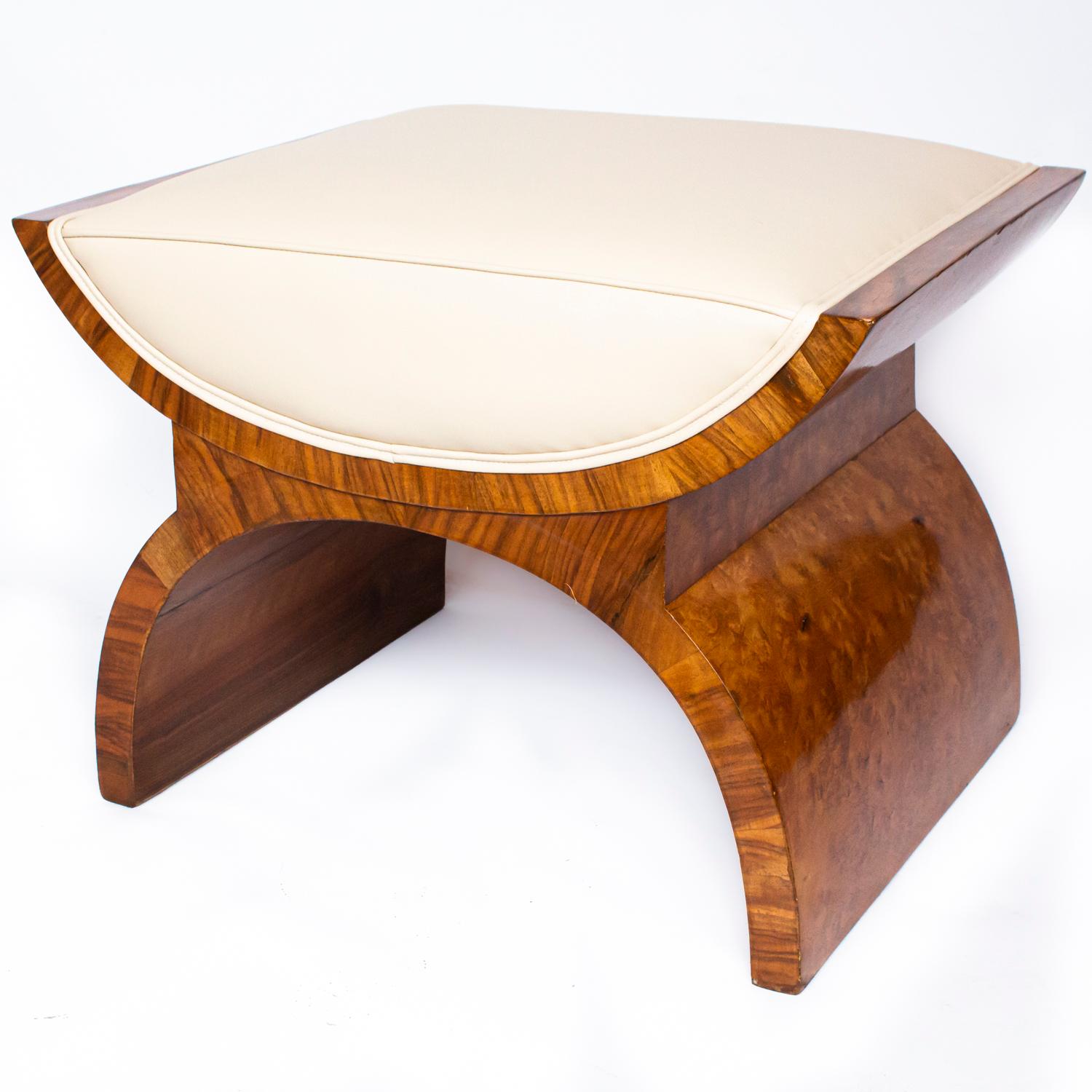 English Harry and Lou Epstein Art Deco X-Frame Footstool in Walnut and Cream Leather