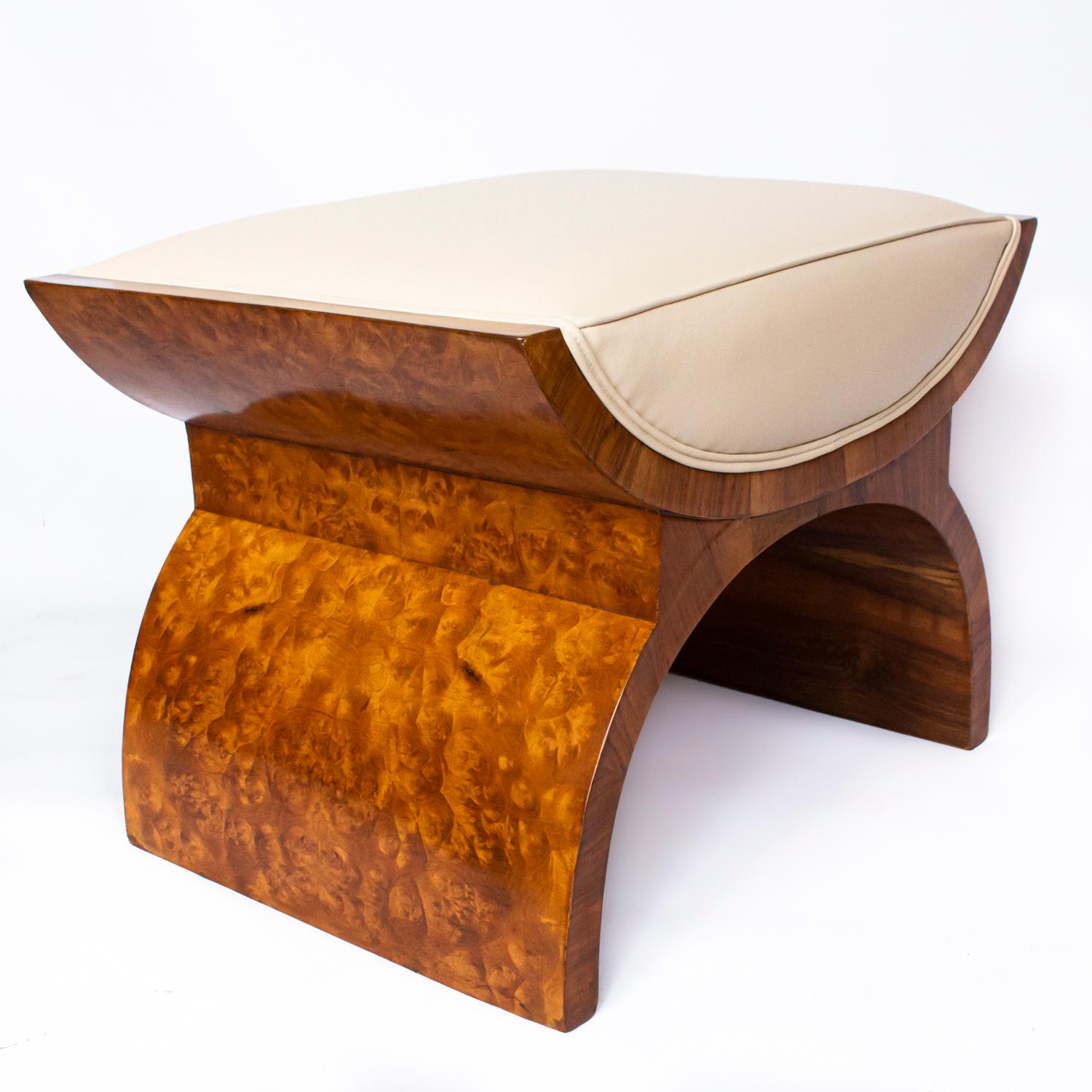 Mid-20th Century Harry and Lou Epstein Art Deco X-Frame Footstool in Walnut and Cream Leather
