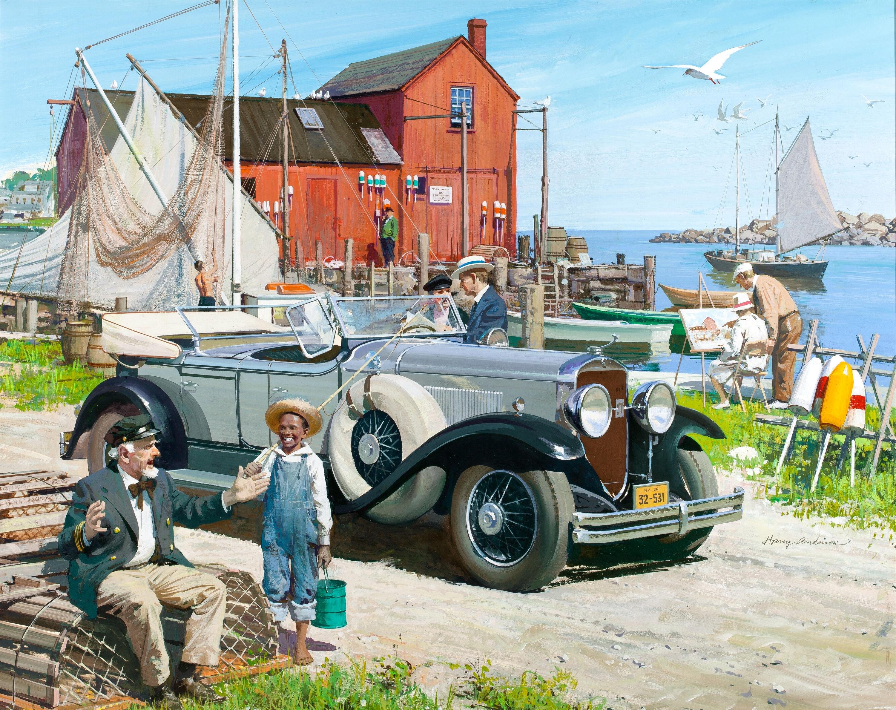 Escena del embarcadero, Grandes momentos del automovilismo americano antiguo - Painting de Harry Anderson