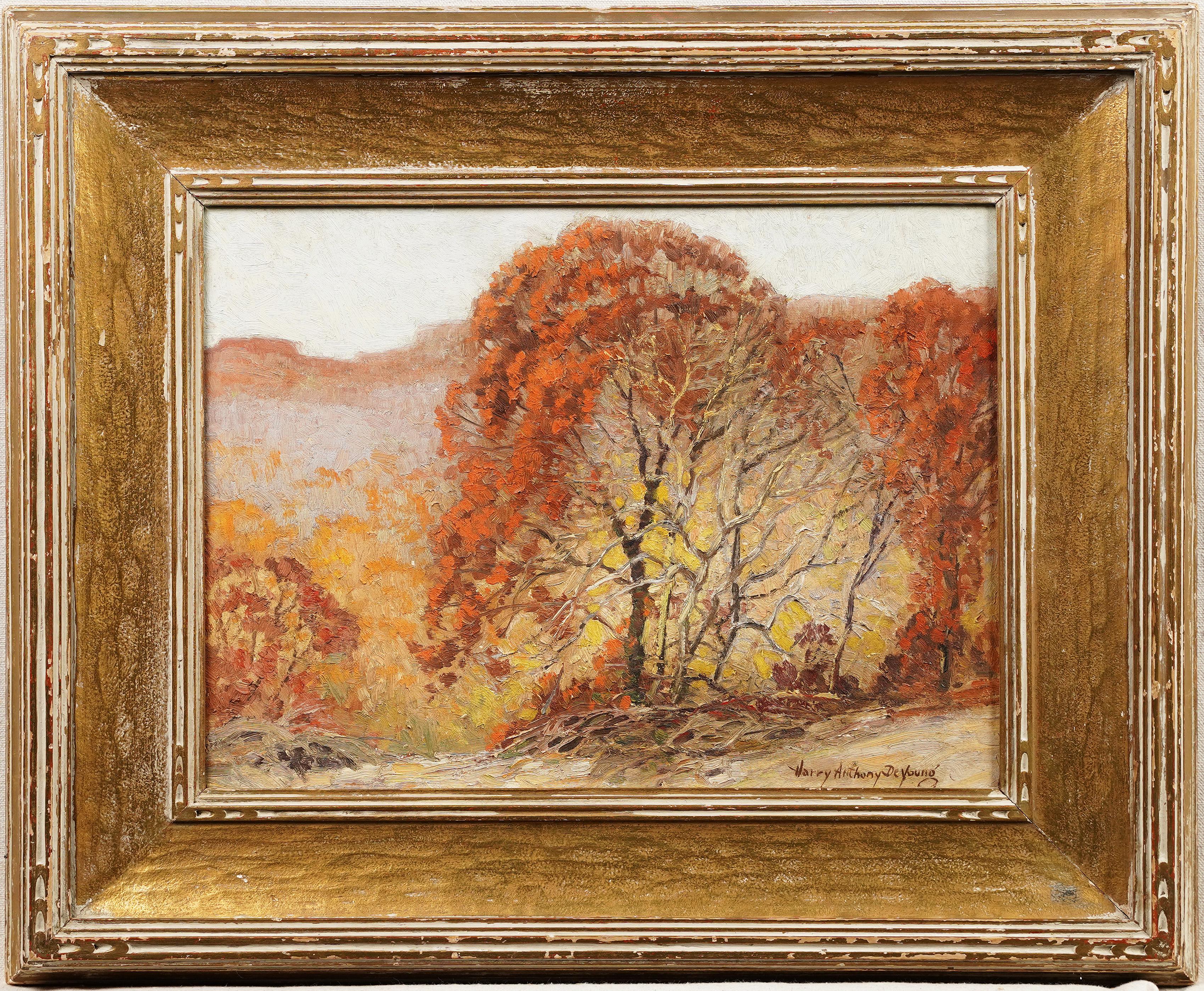  Antique American Texas Impressionist Fall Landscape Signed Framed Oil Painting - Brown Landscape Painting by Harry Anthony De Young (1893 - 1956) 