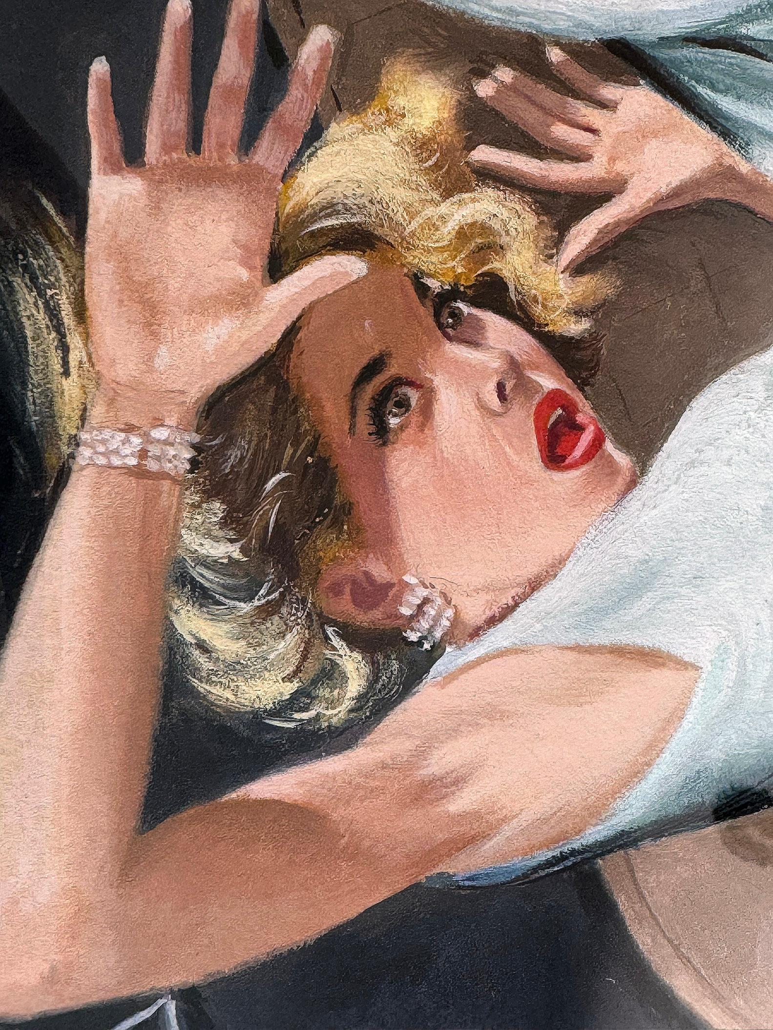 Sexy Blond Falls from Window - Noir Pulp Art - Painting by Harry Barton