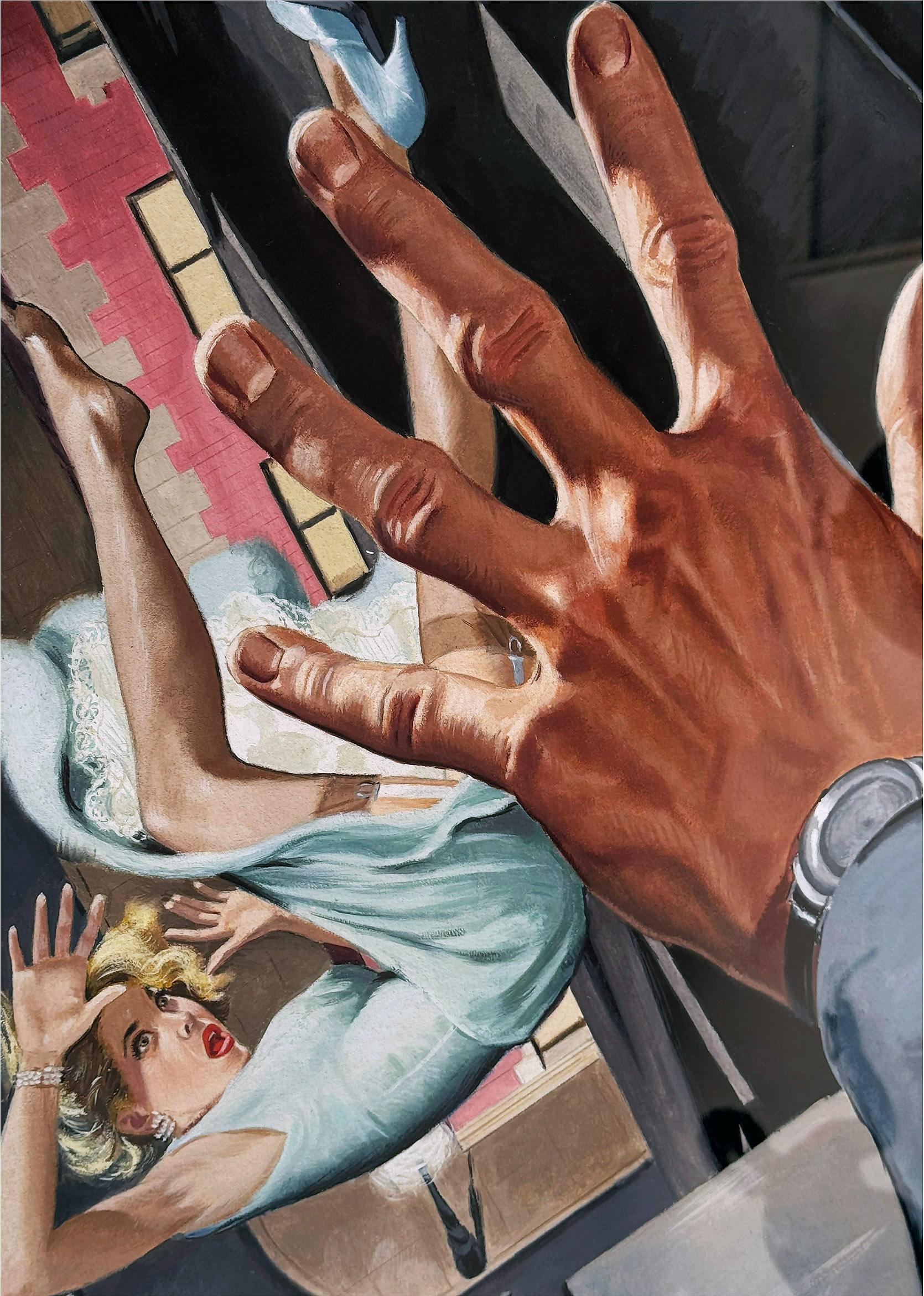 Sexy Blond Falls from Window - Noir Pulp Art - Black Portrait Painting by Harry Barton