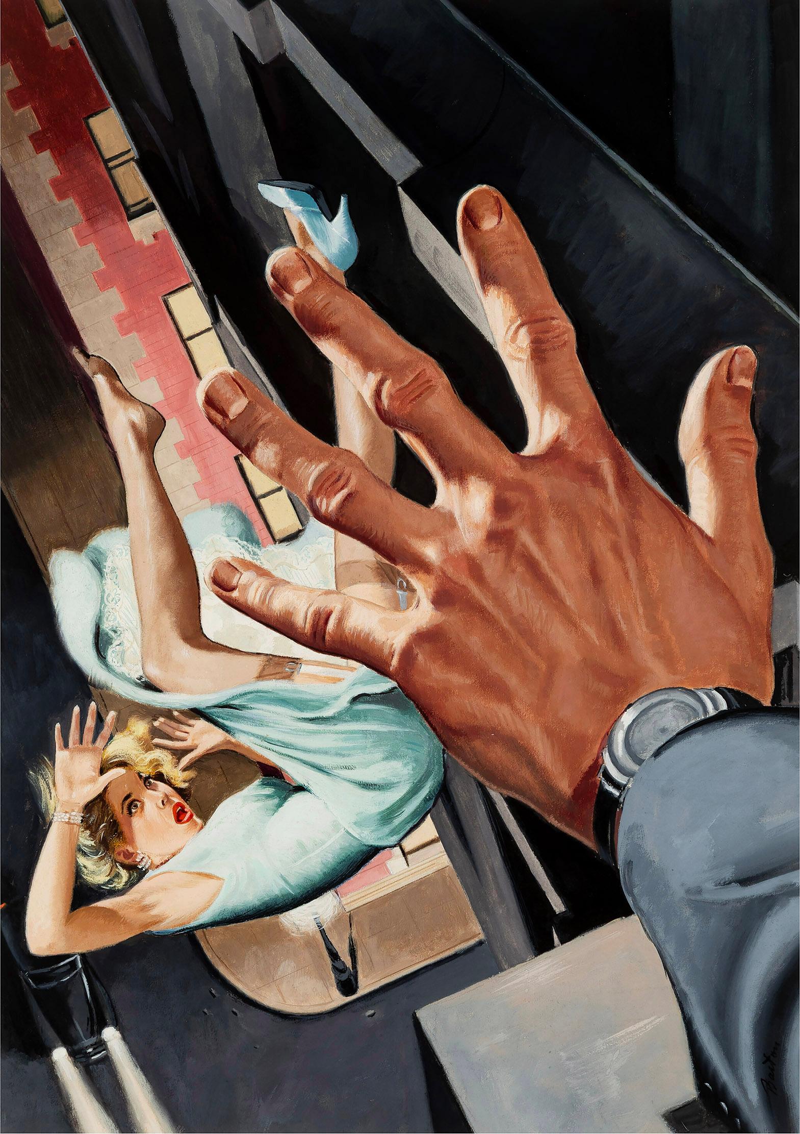 Harry Barton Portrait Painting - Sexy Blond Falls from Window - Noir Pulp Art