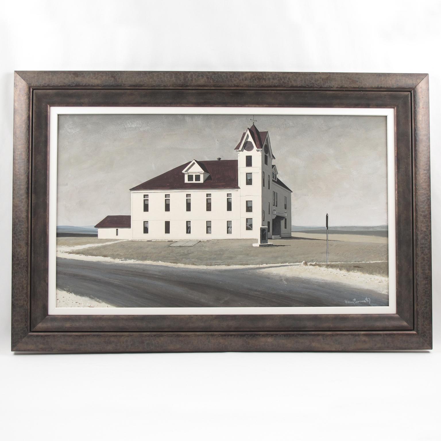 Stunning gouache on cardboard painting by American Artist Harry Bennett (1919 - 2012). This early hyperrealist design features a church or school in the middle of nowhere in the countryside. The artist signed the composition in the bottom right