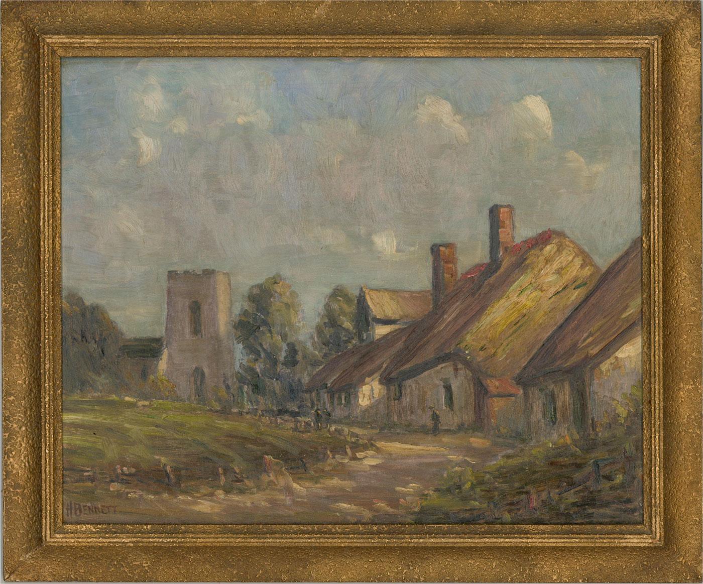 This painting depicts a quaint, rural village with figures wandering towards the church. The expressive brushstrokes are typical of Bennett's style. Well presented in a textured guilt effect frame. Signed to the lower left. On Board.
