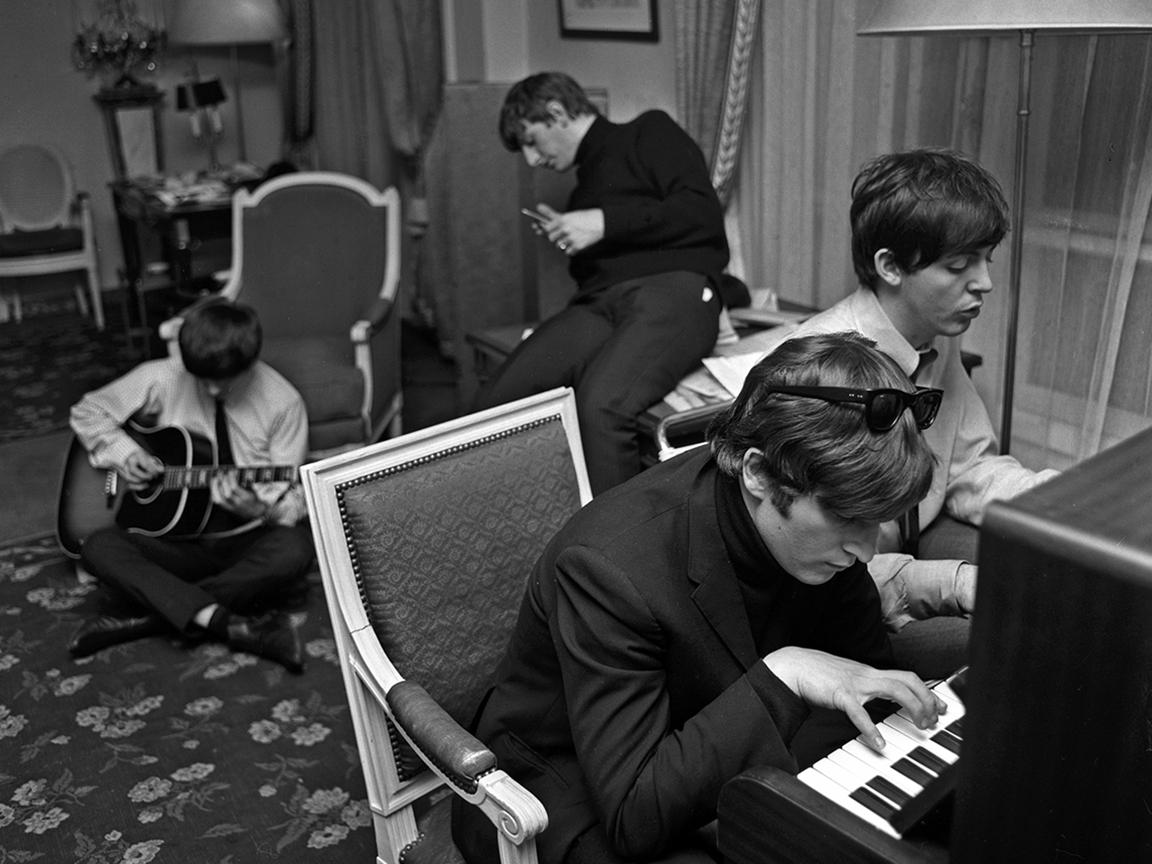 Harry Benson Black and White Photograph - The Beatles Composing, Paris, 1964