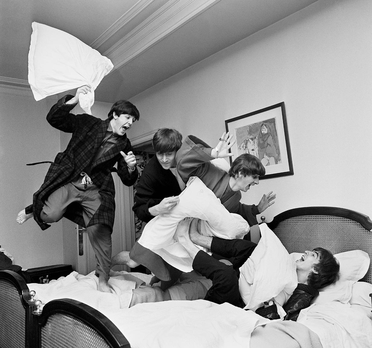 Harry Benson Black and White Photograph - The Beatles: Pillow Fight, Paris, 1964