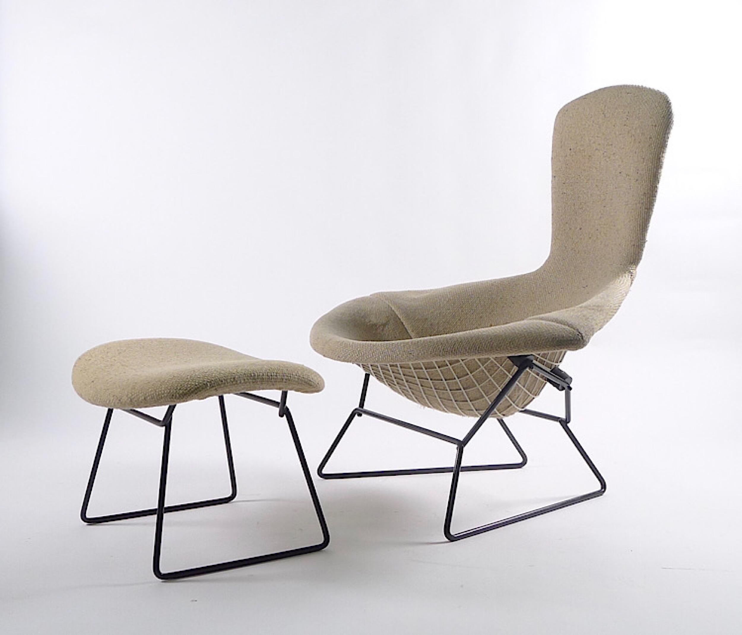 Harry Bertoia bird chair and ottoman, designed in 1952 as part of his collection for Knoll International, lacquered steel frame with original oatmeal tweed fabric

The white and black lacquered finish to the steel frame of the chair and stool