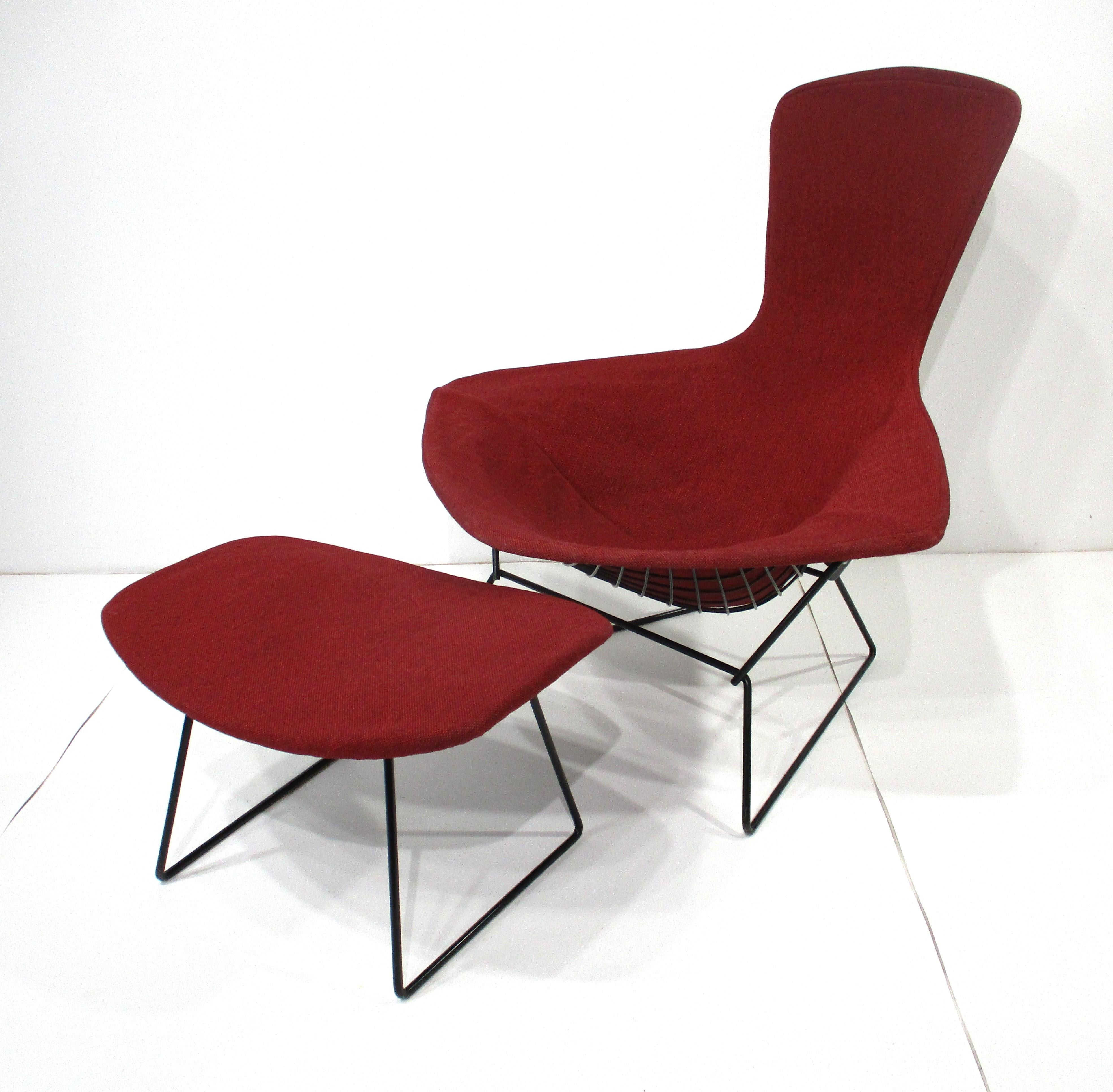A unique Mid Century Bird lounge chair with matching ottoman called that because of it's nest like seat design by Harry Bertoia , sculptor , artist and furniture craftsman . Bertoia is best known for his light , functional and comfortable chairs