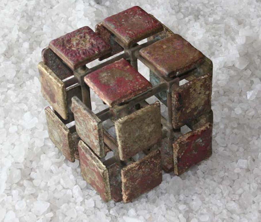 Patinated Harry Bertoia Bronze Multi-Plane Cube Sculpture For Sale