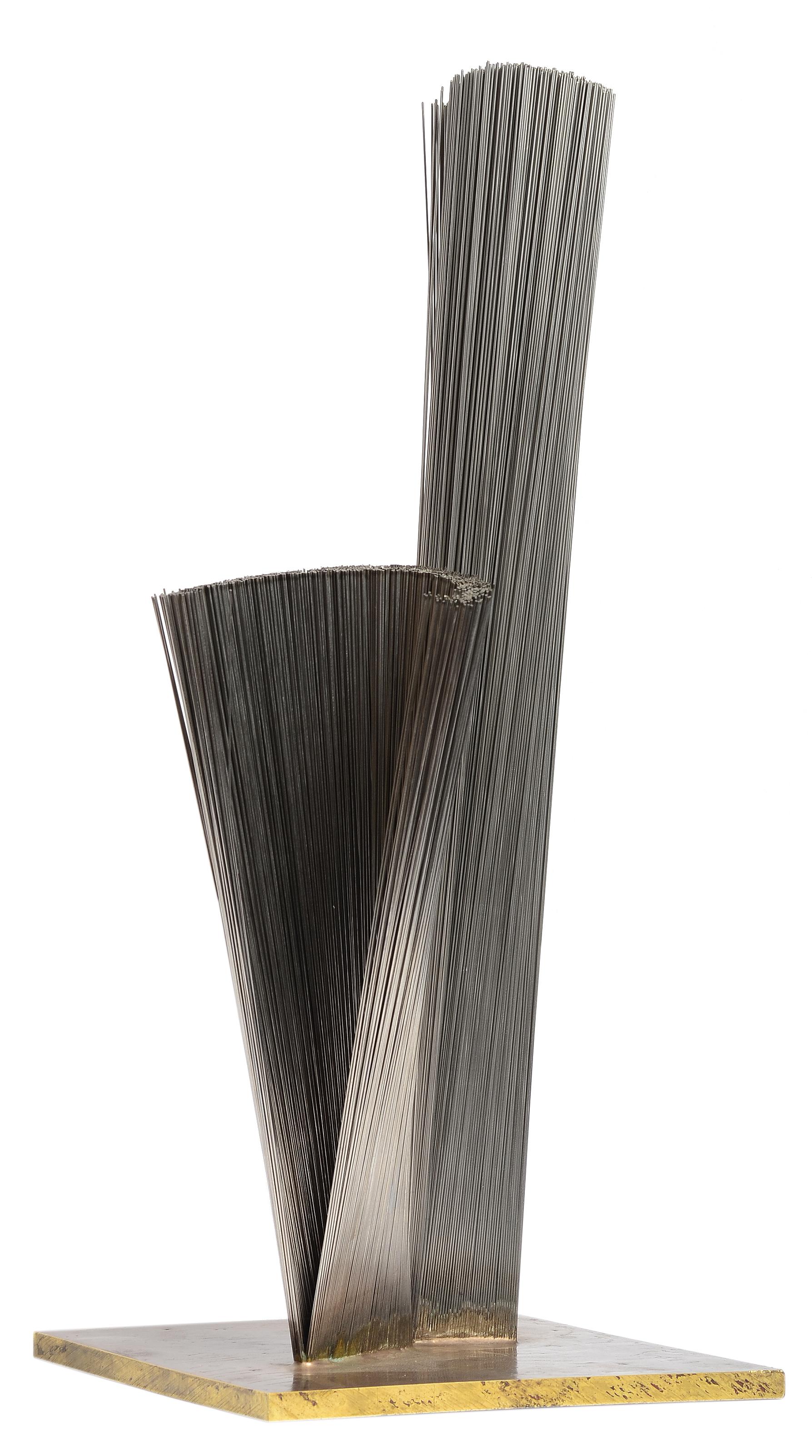 An outstanding example of Harry Bertoia's bundled wire sculptures.

This example is one of the largest tabletop versions he ever created. Thousands of thin stainless steel wire bundled and welded together onto a solid naval brass base. 

Two