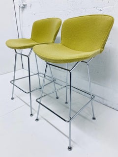 Harry Bertoia Chrome Bar Stools with Citron Yellow Covers for Knoll, a Pair