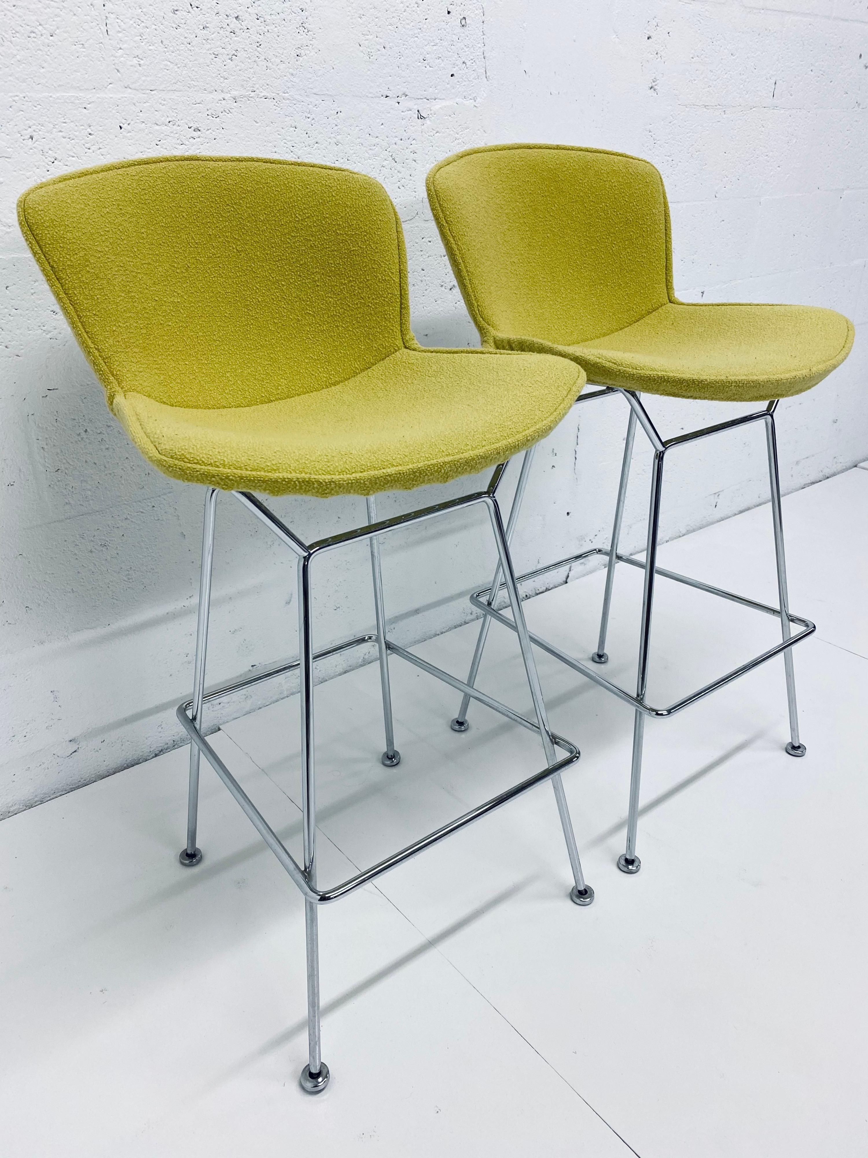 Mid-Century Modern Harry Bertoia Chrome Bar Stools with Citron Yellow Covers for Knoll, a Pair