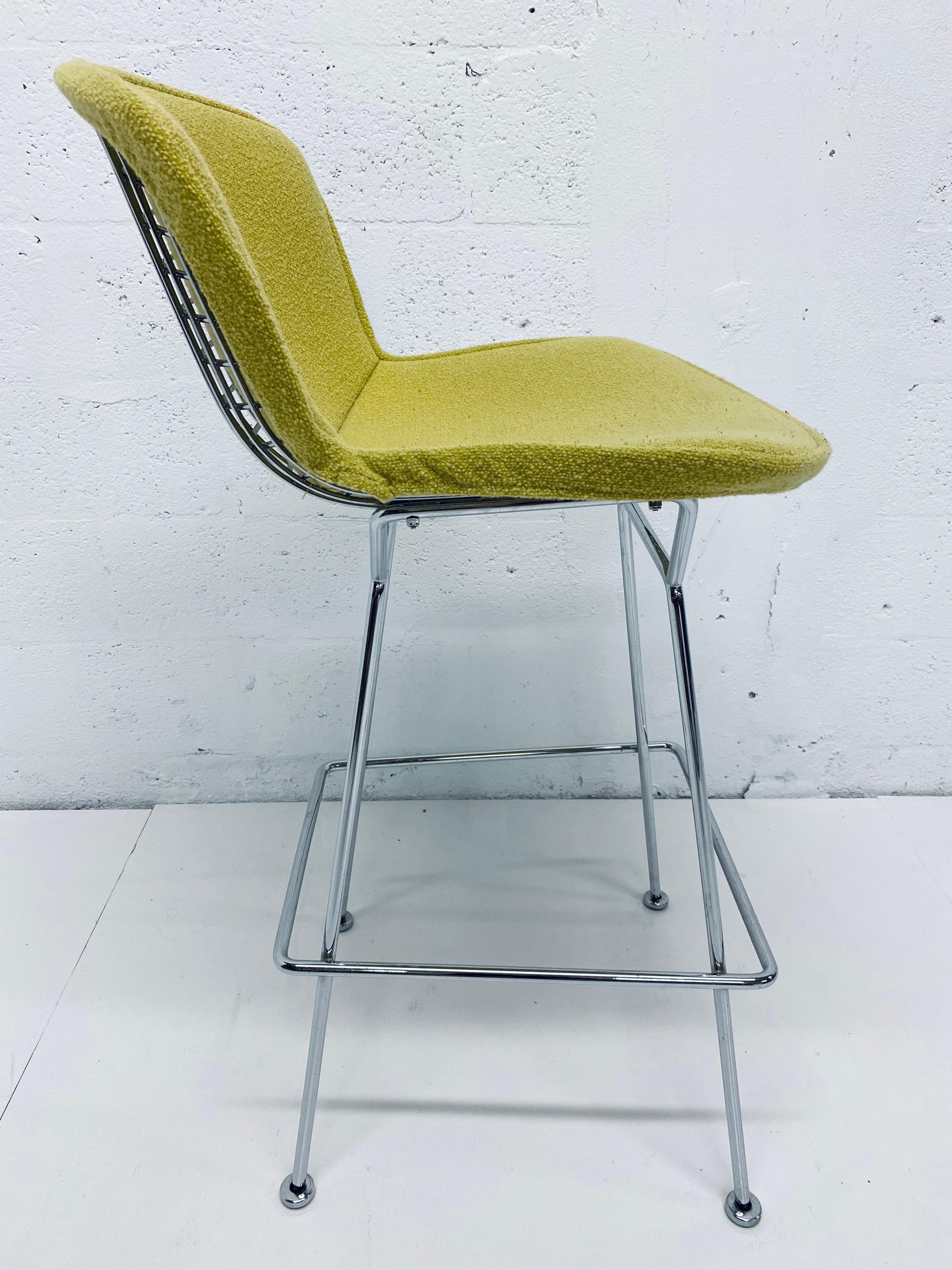 Fabric Harry Bertoia Chrome Bar Stools with Citron Yellow Covers for Knoll, a Pair