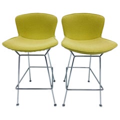 Harry Bertoia Chrome Bar Stools with Citron Yellow Covers for Knoll, a Pair