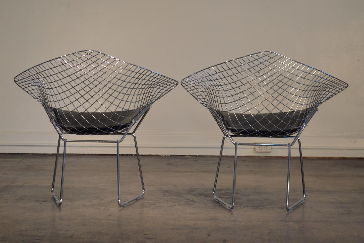 American Harry Bertoia Chrome Diamond Chairs by Knoll with Black Seat Covers