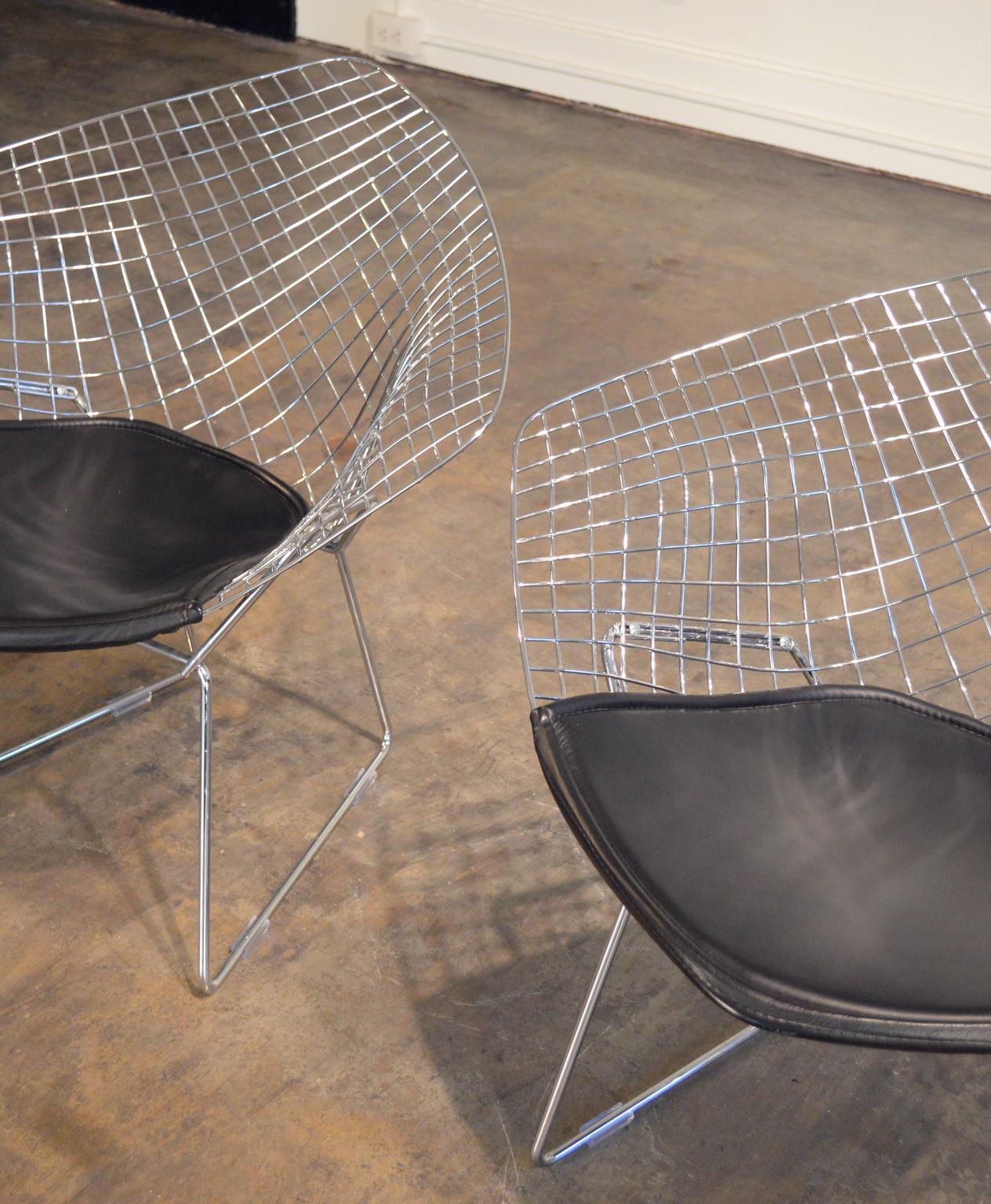 Welded Harry Bertoia Chrome Diamond Chairs by Knoll with Black Seat Covers