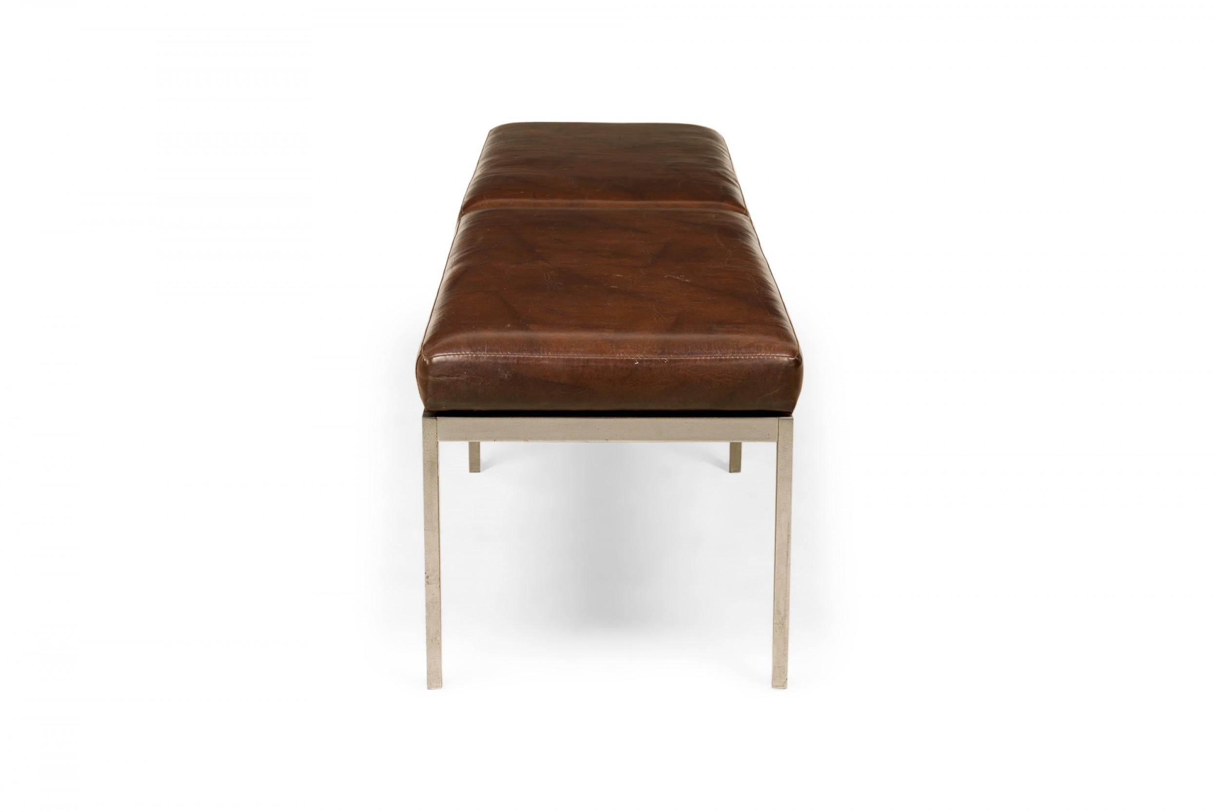 Mid-Century Modern Harry Bertoia for Knoll Associates Brown Leather and Chrome Bench For Sale