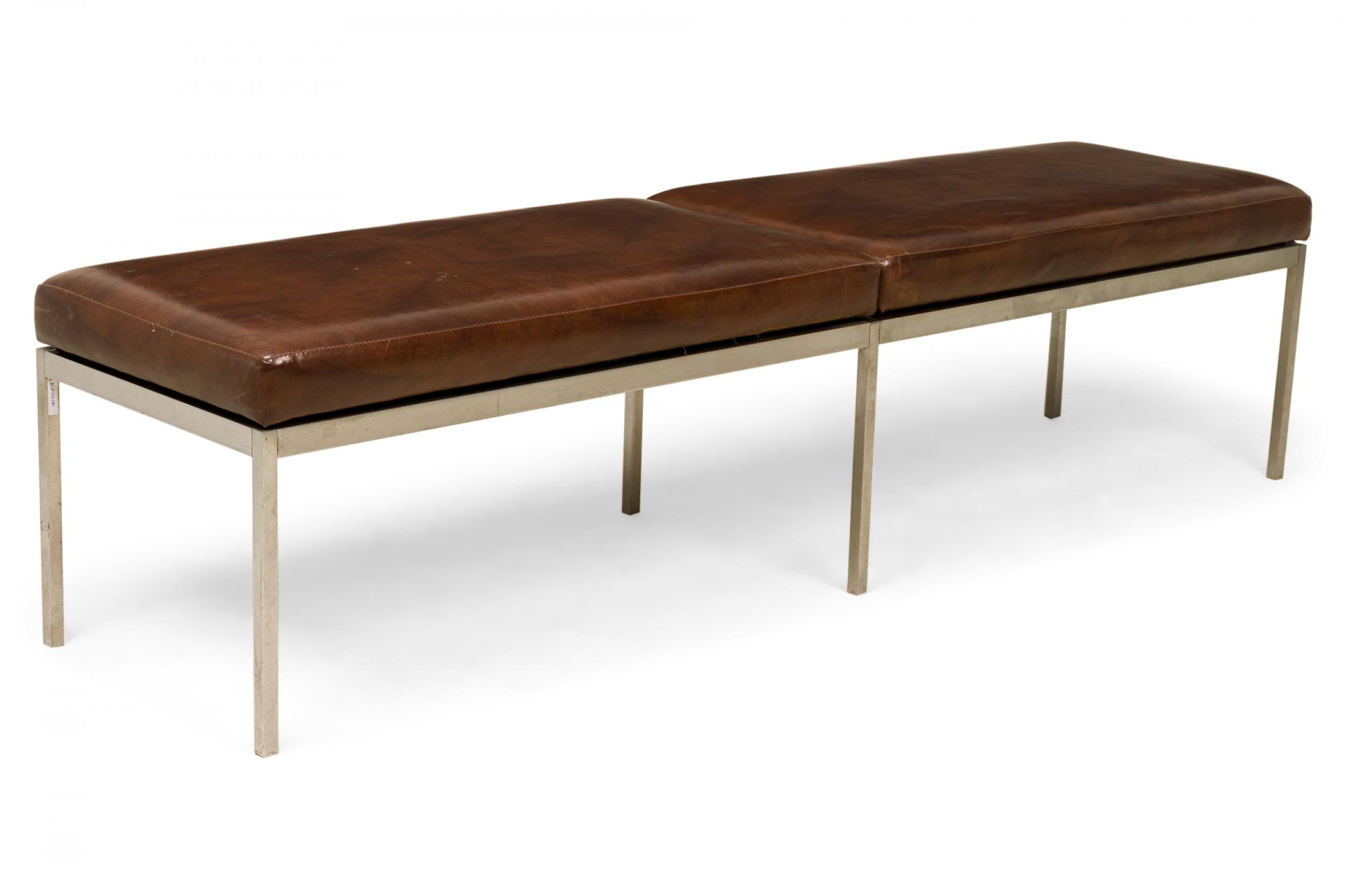 American Harry Bertoia for Knoll Associates Brown Leather and Chrome Bench For Sale