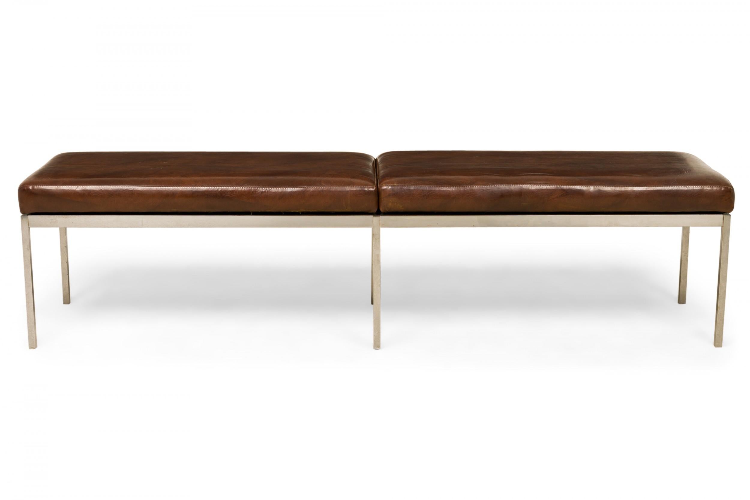 Harry Bertoia for Knoll Associates Brown Leather and Chrome Bench In Good Condition For Sale In New York, NY
