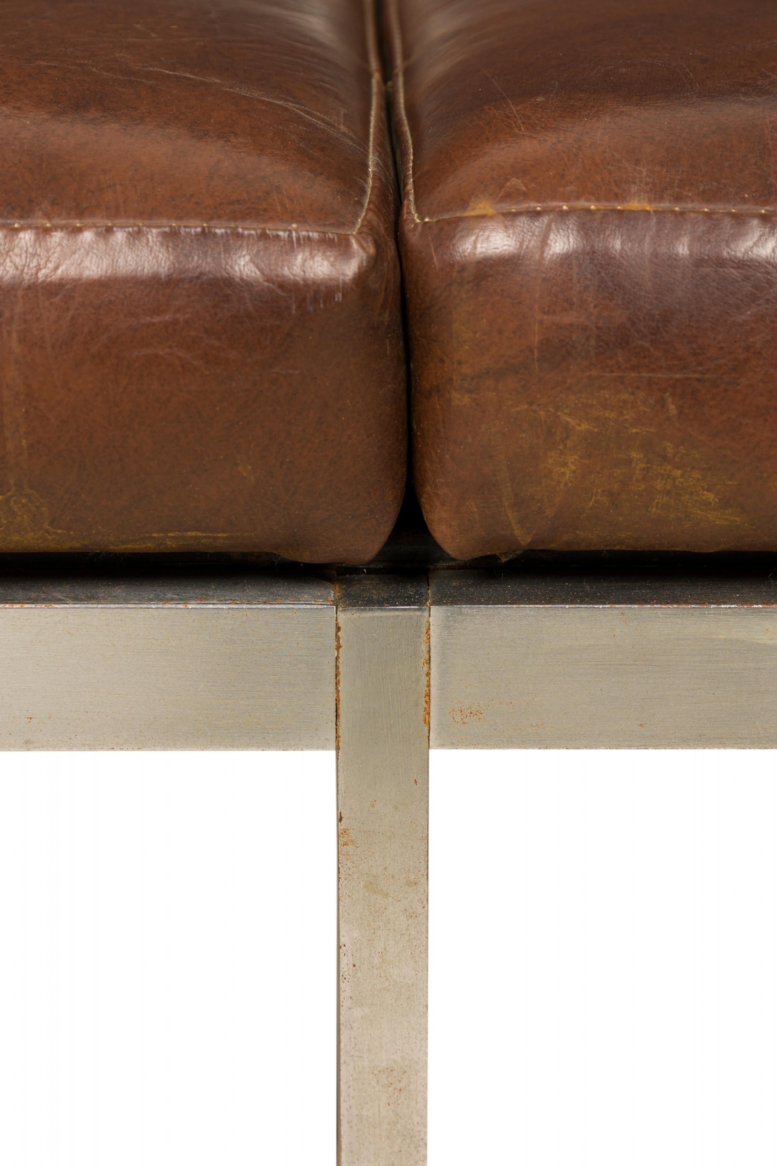 20th Century Harry Bertoia for Knoll Associates Brown Leather and Chrome Bench For Sale