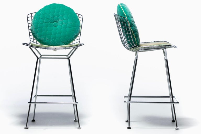 American Harry Bertoia for Knoll Bar Stools in Custom Italian Parker Hotel Style Cushions For Sale