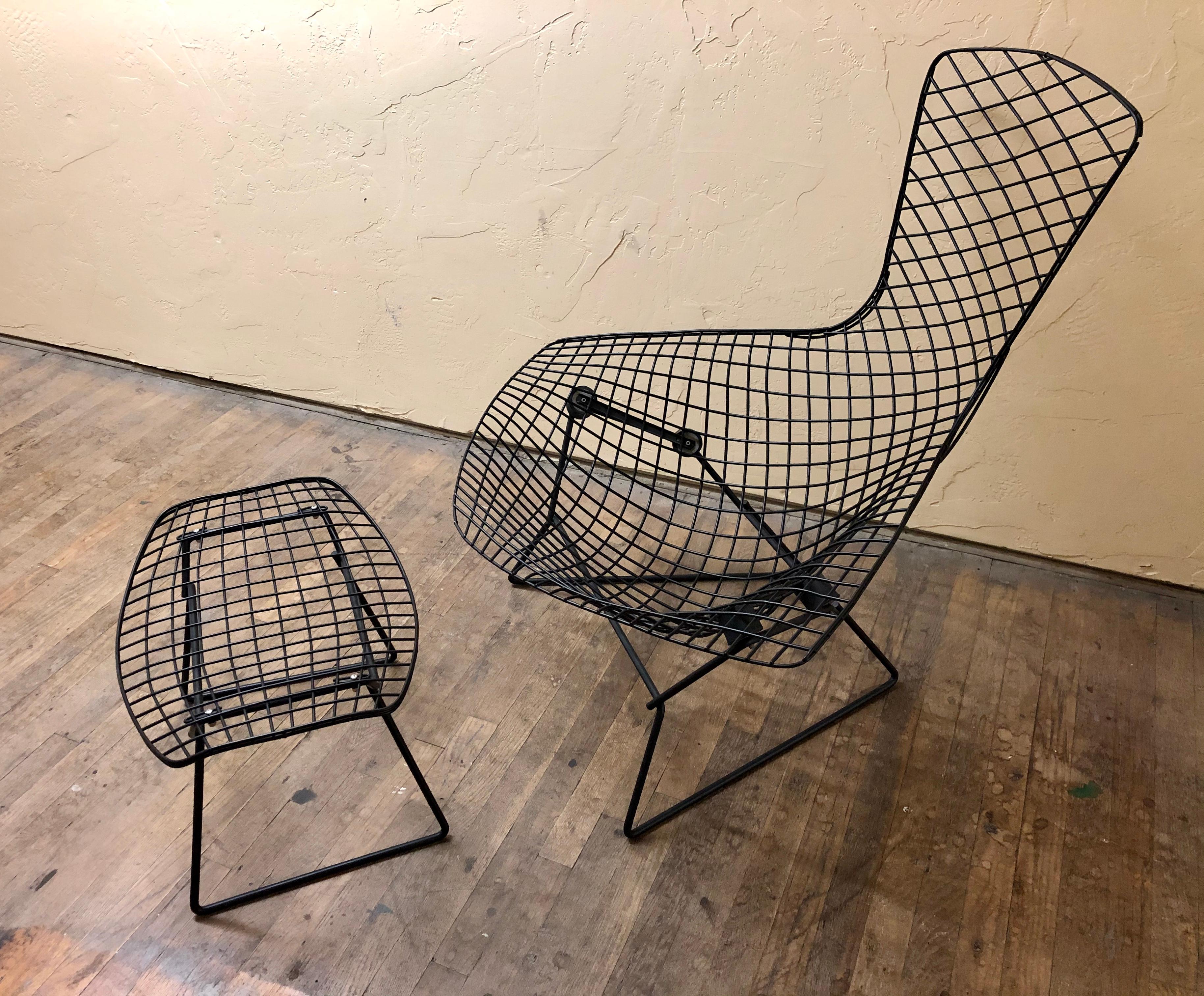 Great chair and ottoman designed by Harry Bertoia for Knoll, we had this chair sand blasted and powder coated in black semi gloss. And replace the shocks with new ones. The ottoman its 17