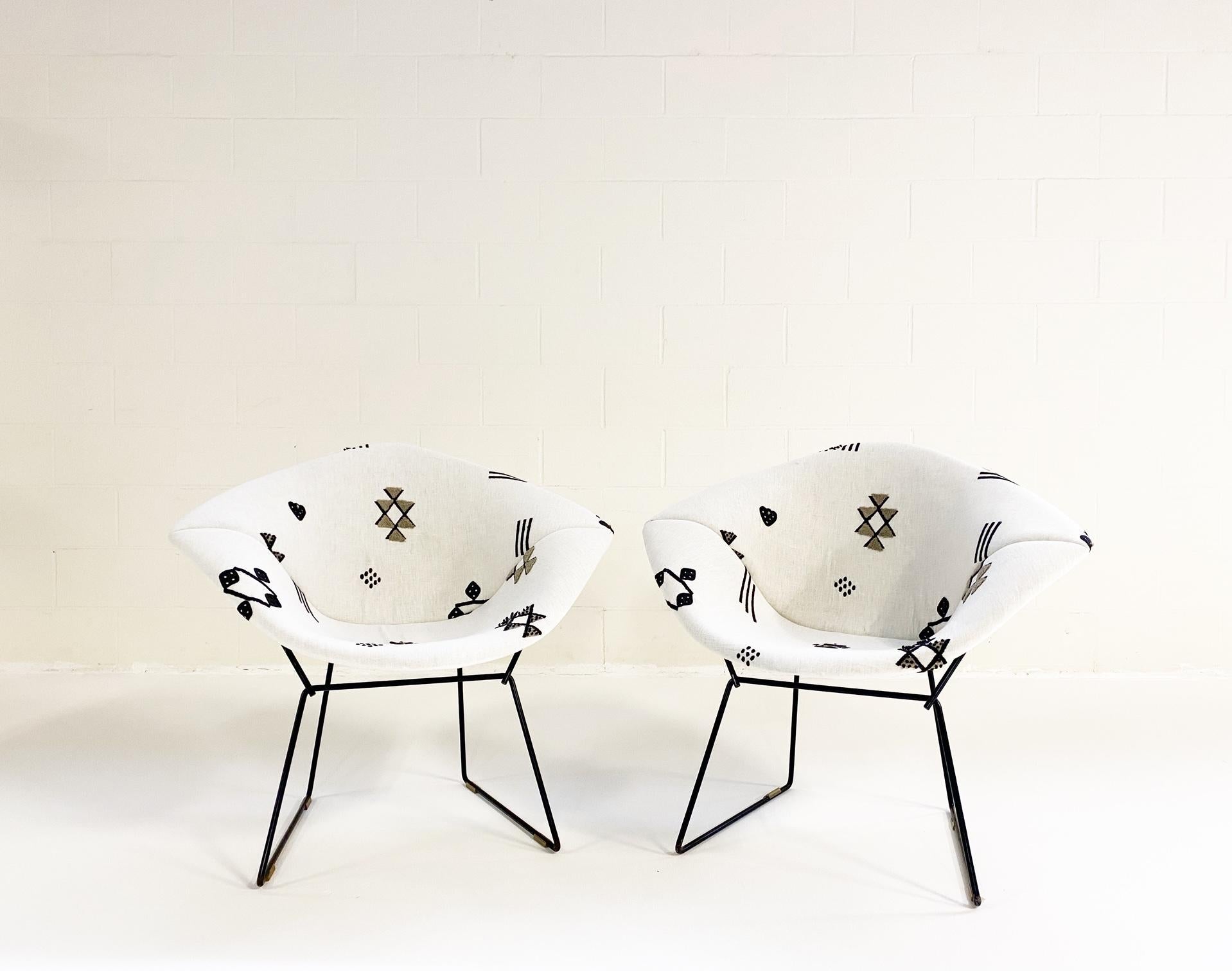 20th Century Harry Bertoia for Knoll Diamond Chairs in Schumacher Embroidered Linen