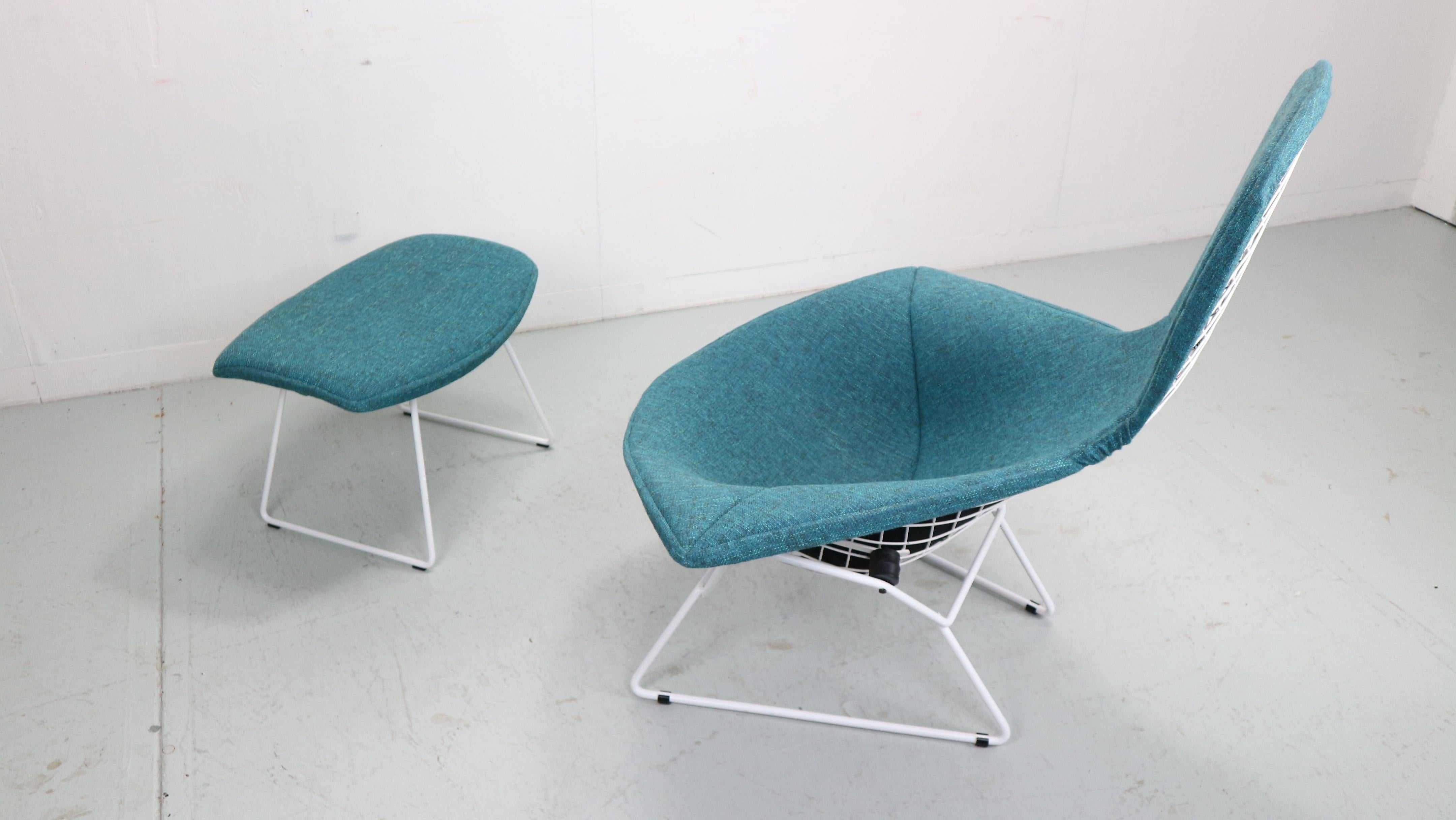 Harry Bertoia for Knoll International bird chair and ottoman. This iconic lounge chair and ottoman were originally designed by Harry Bertoia in 1952 and manufactured by Knoll International. Both newly upholstered and in good condition. Made of
