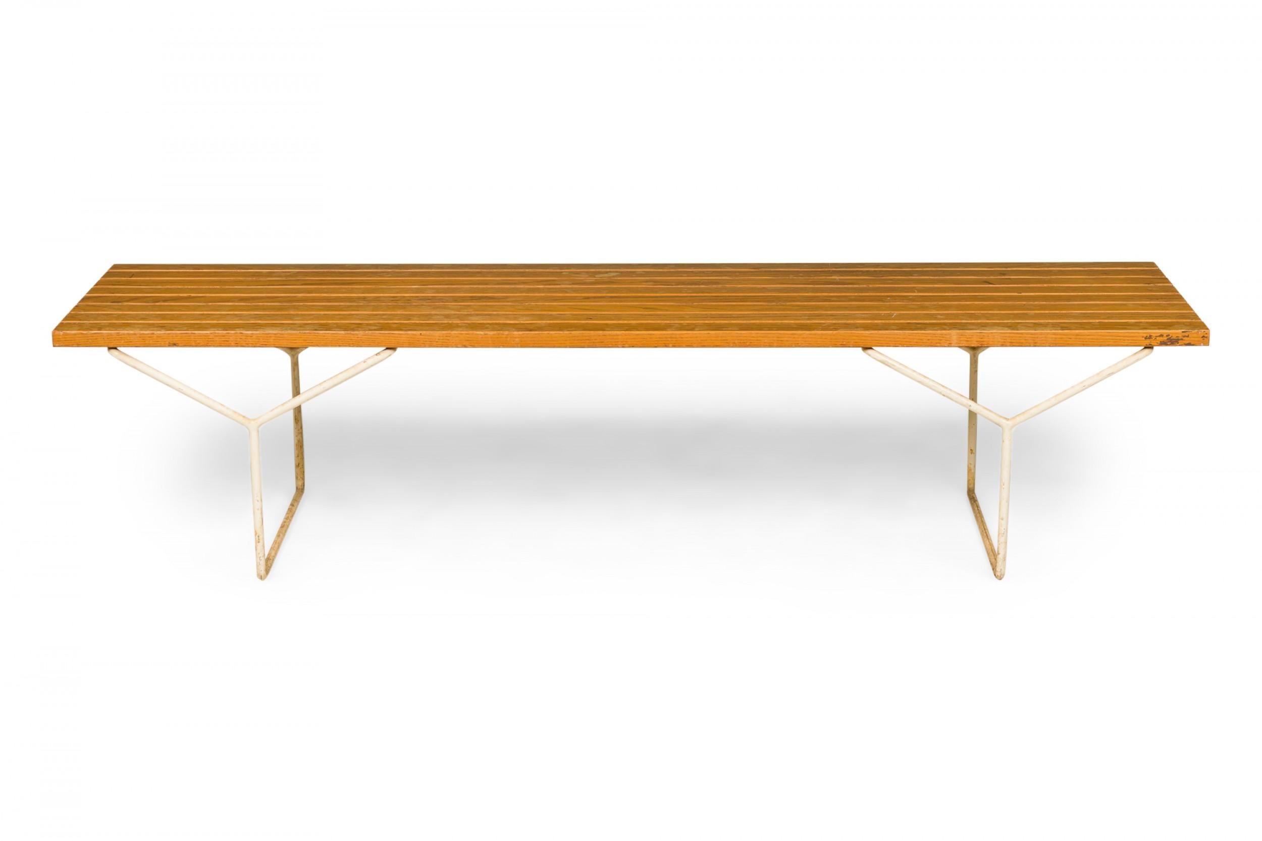 Harry Bertoia for Knoll International Wooden Slat & White Metal Bench For Sale 1