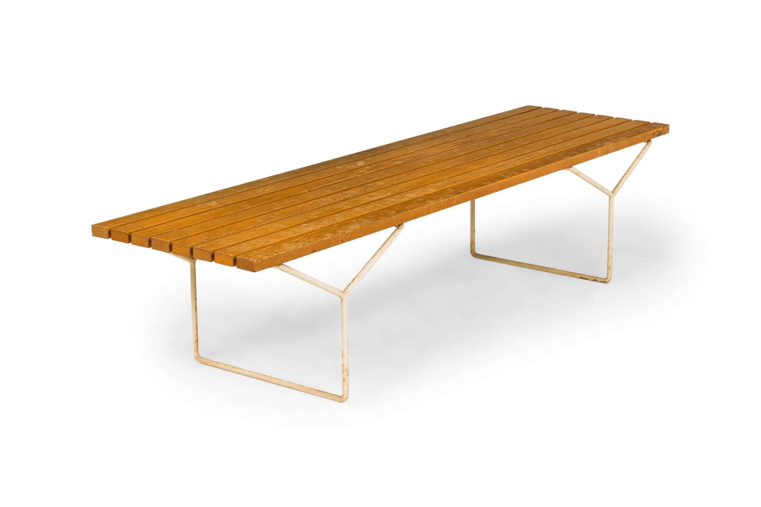 Harry Bertoia for Knoll International Wooden Slat & White Metal Bench For Sale 2