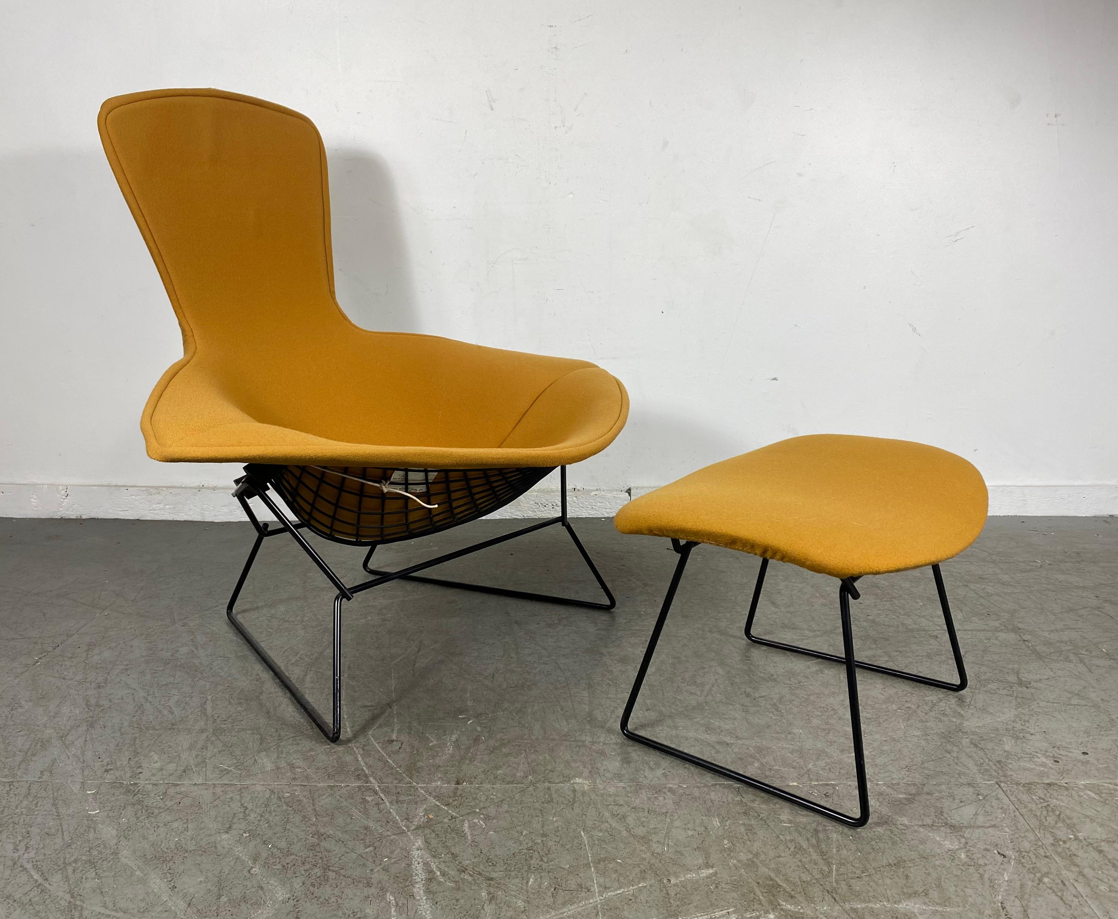 Design Harry bertoia for Knoll, Model Bird armchair with ottoman, 1980, retains original label.

Harry Bertoia for Knoll. Vogel armchair and ottoman in black lacquered steel wires that form grids, the upholstered pads were custom ordered from