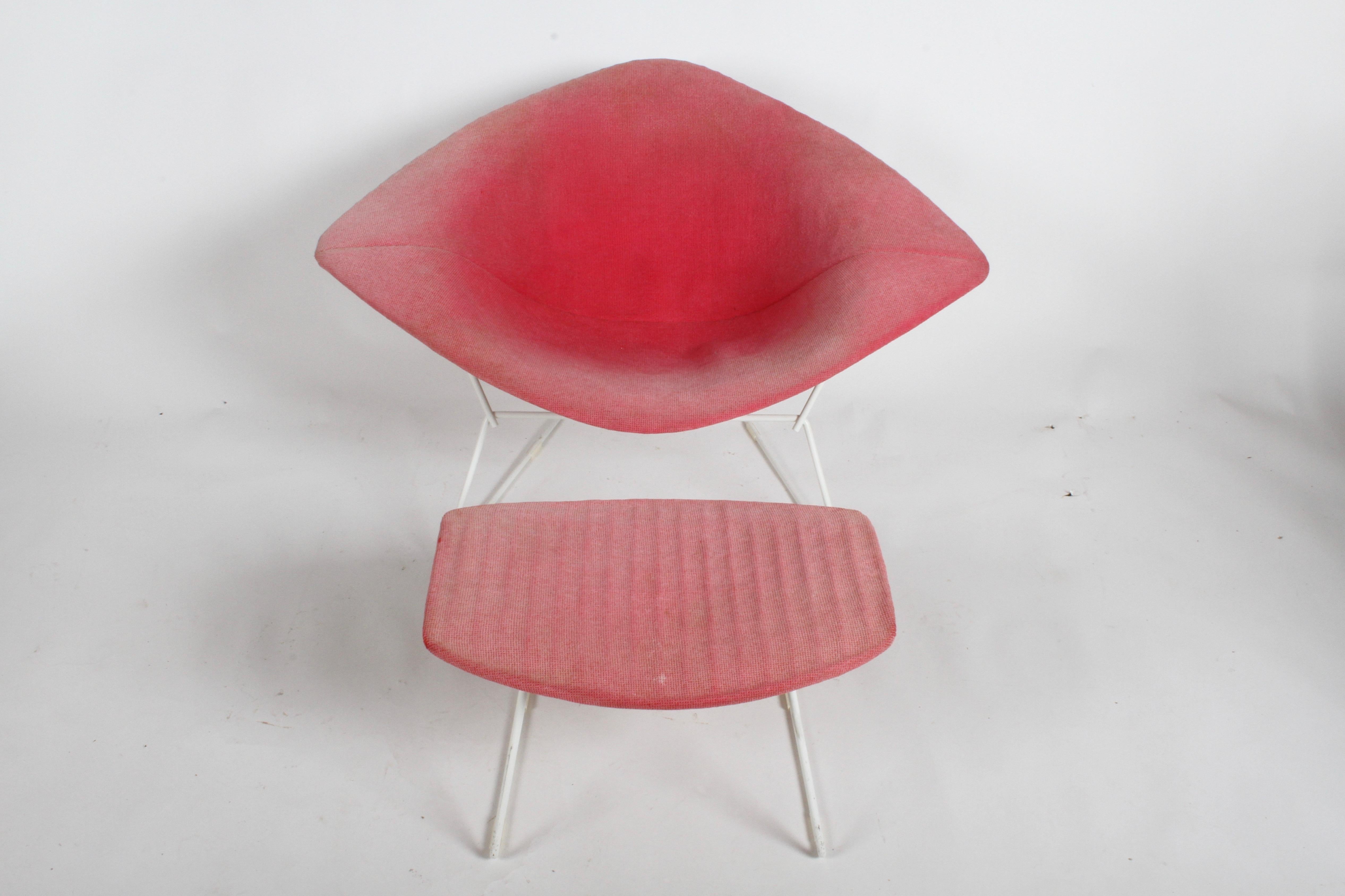 Mid-Century Modern Harry Bertoia for Knoll wide version diamond chair with ottoman, frames are original white paint an original but faded pink Knoll textile covers. Minor scuffs to frames, ottoman foam is bad, rubber shock mounts are good, all