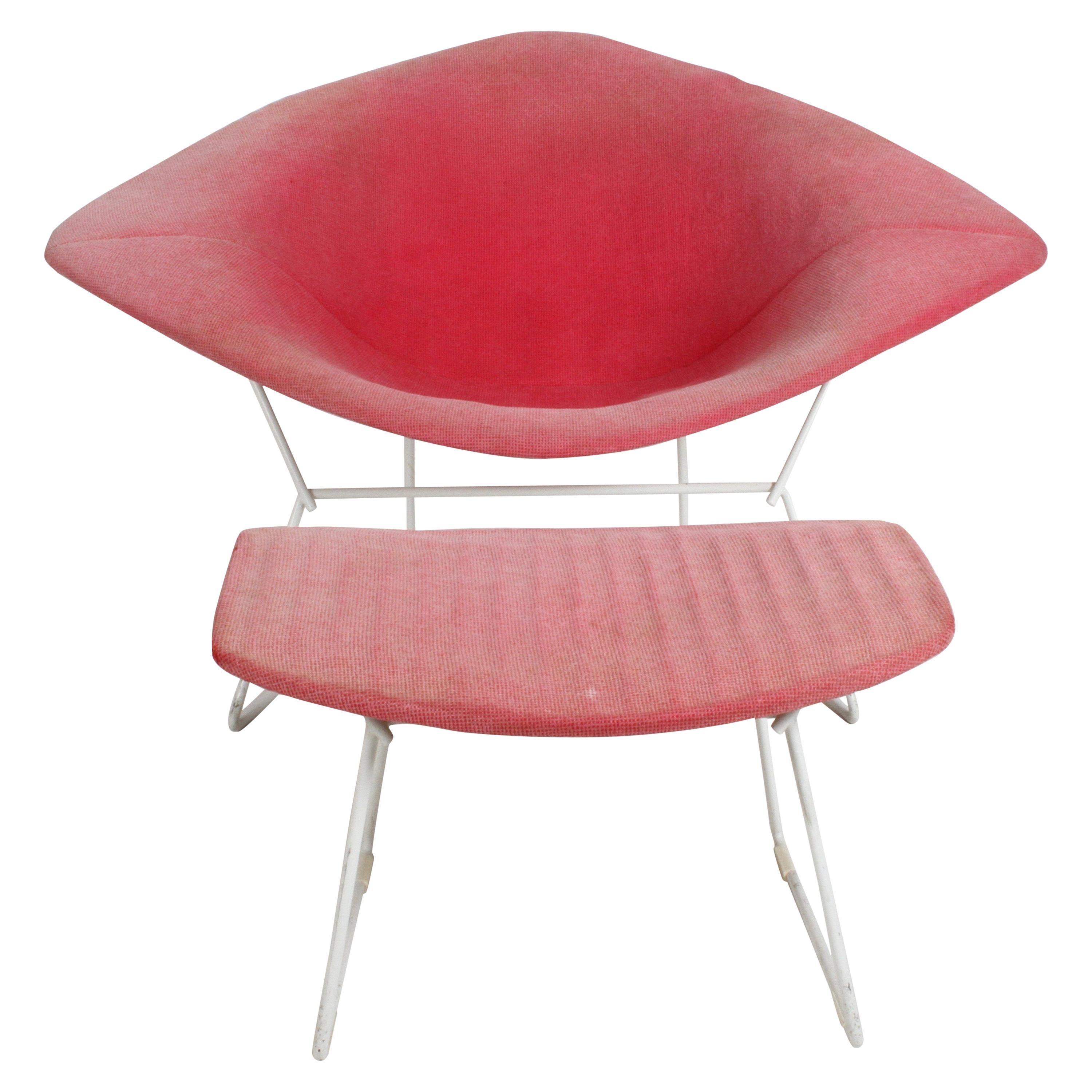 Harry Bertoia pour Knoll Chaise large diamant blanc & Ottoman avec tapisserie rose