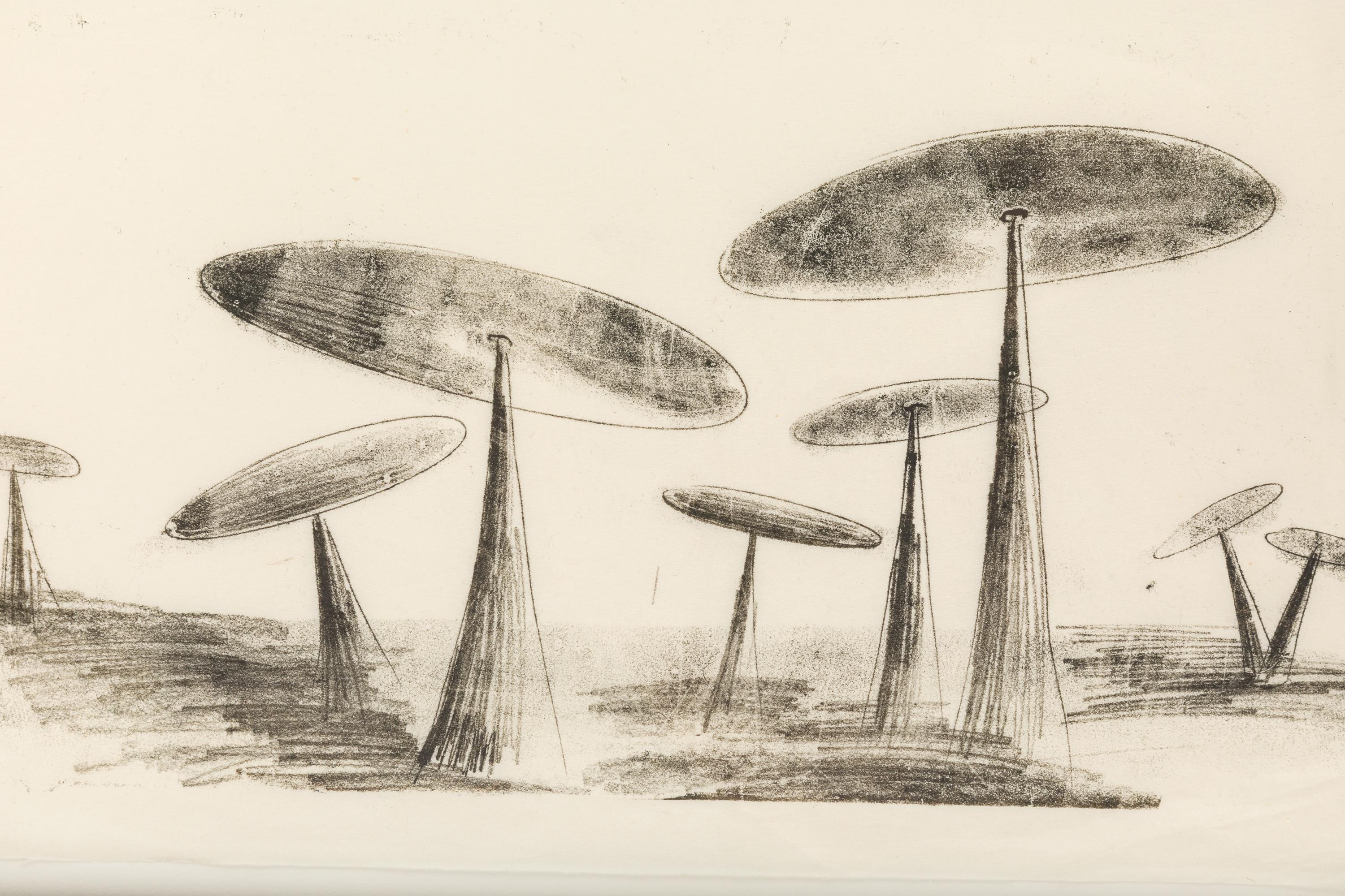 Bertoia created hundreds if not thousands of one of a kind monoprints in his career, often as working drawings for his sculpture works. He employed a variety of techniques to arrive at his unique ends, most often scribing the reverse of a paper on