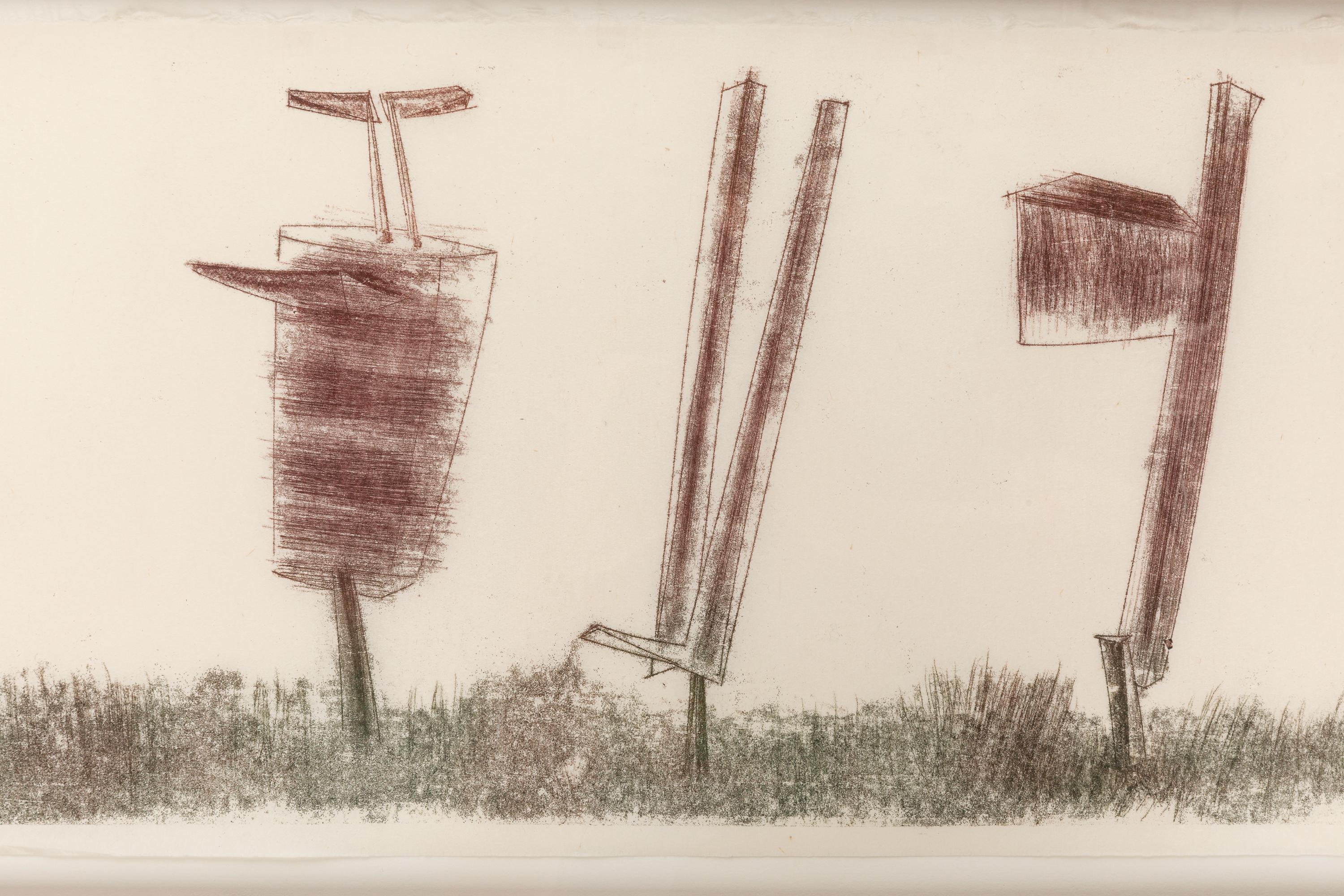 Bertoia created hundreds if not thousands of one of a kind monoprints in his career, often as working drawings for his sculpture works. He employed a variety of techniques to arrive at his unique ends, most often scribing the reverse of a paper on