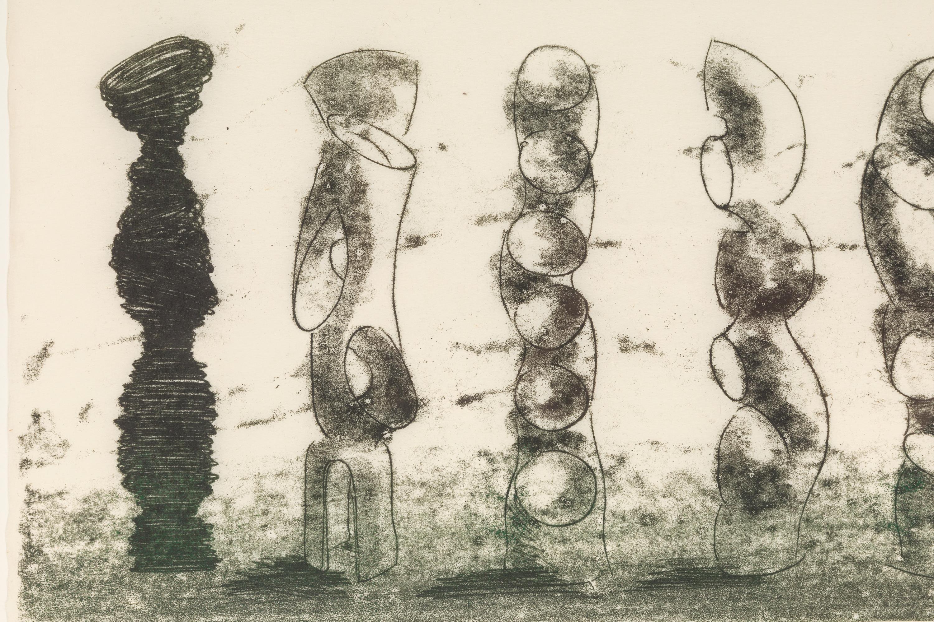 Bertoia created hundreds if not thousands of one of a kind monoprints in his career, often as working drawings for his sculpture works. He employed a variety of techniques to arrive at his unique ends, most often scribing the reverse of a paper on
