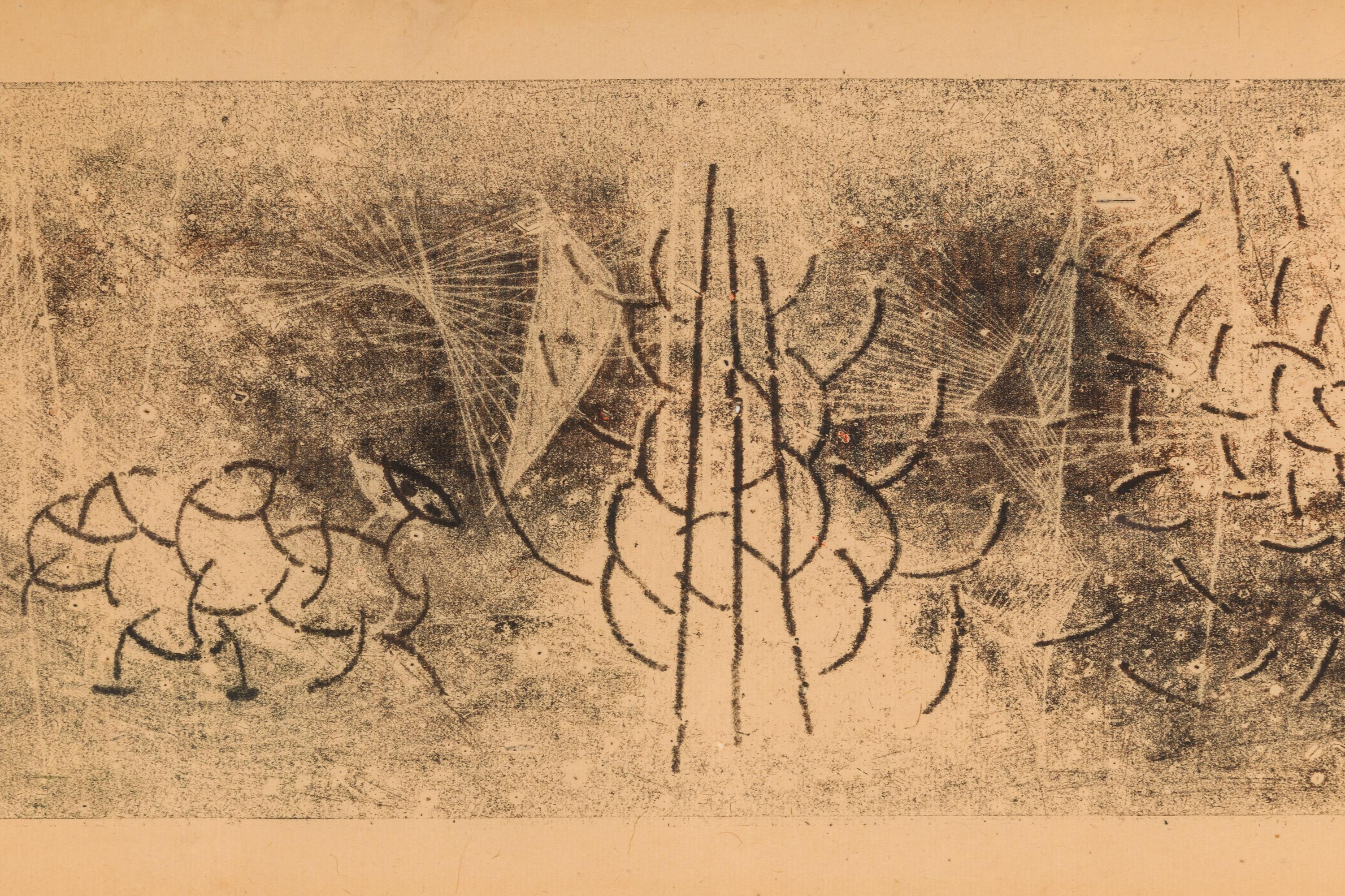 Bertoia created hundreds if not thousands of one of a kind monoprints in his career, often as working drawings for his sculpture works. He employed a variety of techniques to arrive at his unique ends, most often scribing the reverse of a paper on
