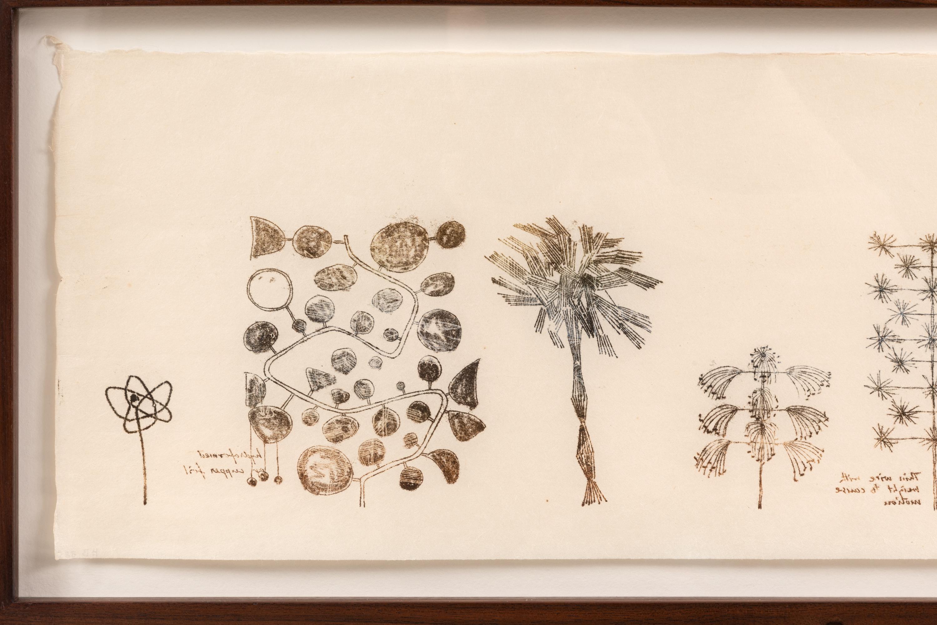 Bertoia created hundreds if not thousands of one of a kind monoprints in his career, often as working drawings for his sculpture works. He employed a variety of techniques to arrive at his unique ends, most often scribing the reverse of a paper on