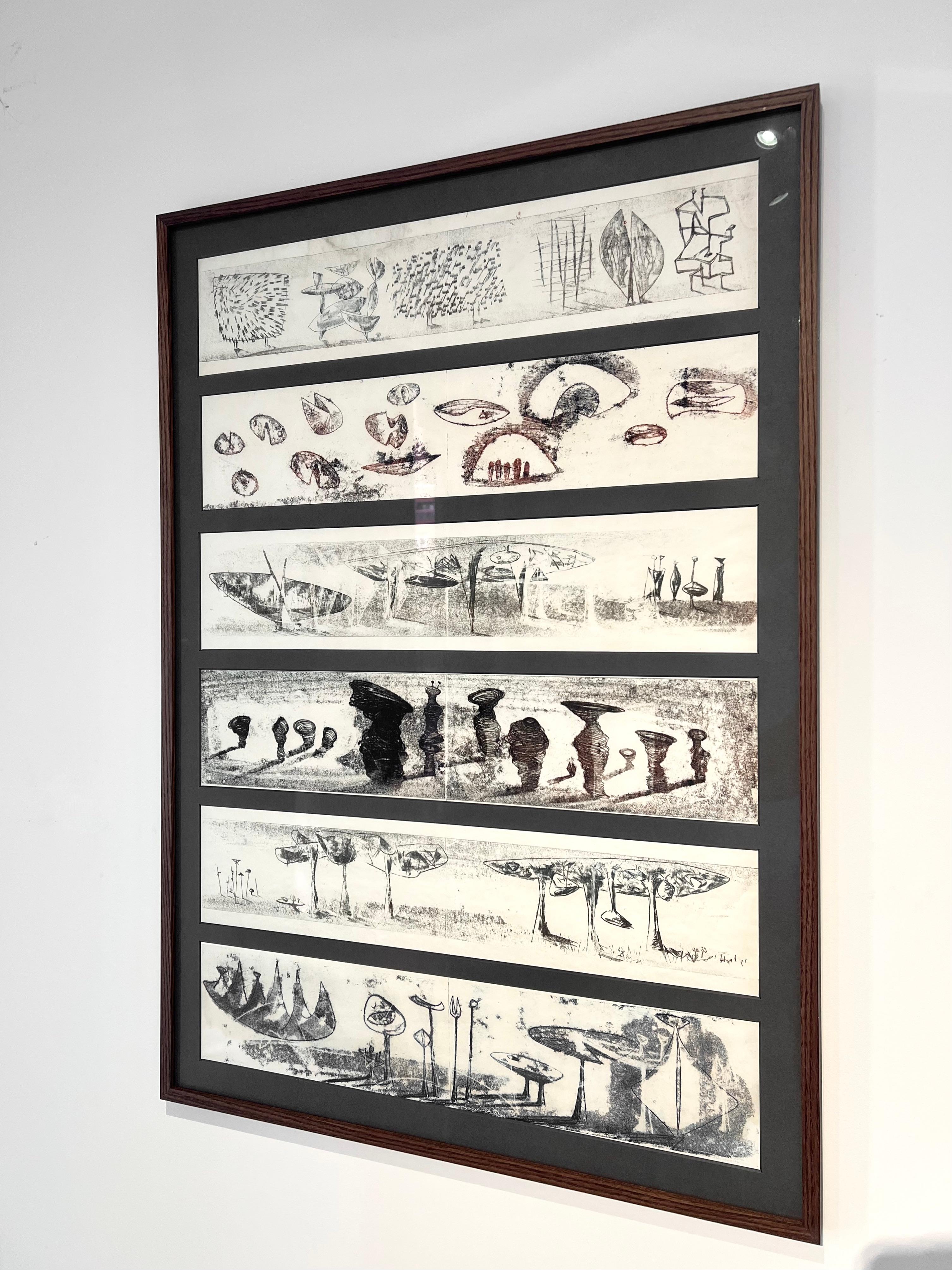 A rare display of 6 Harry Bertoia Monoprints, circa 1960s.
Bertoia created hundreds if not thousands of one of a kind monoprints in his career, often as working drawings for his sculpture works. He employed a variety of techniques to arrive at his