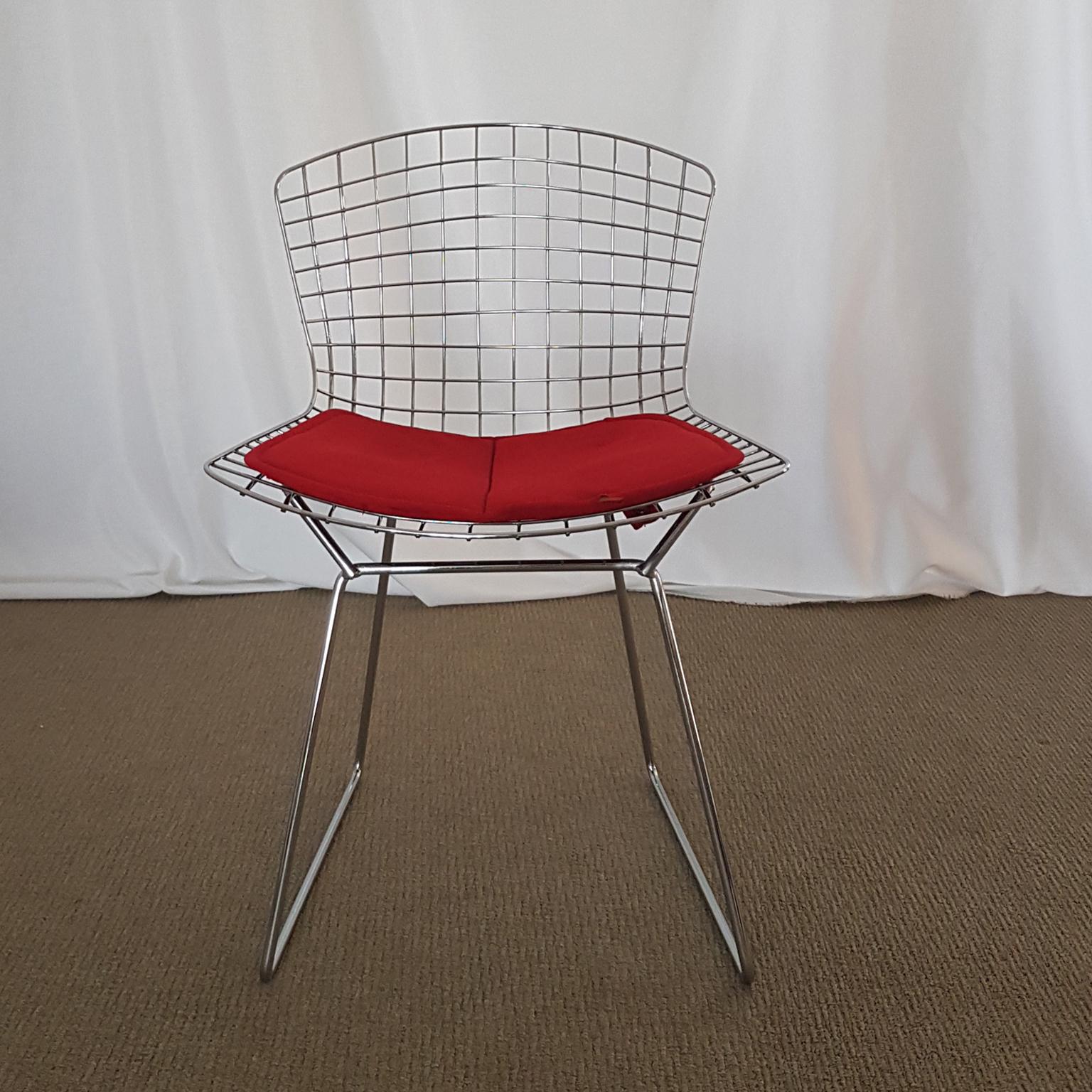 Harry Bertoia Italian Steel Wire Side Chair with Red Cushion, Mid-Century Modern For Sale 9
