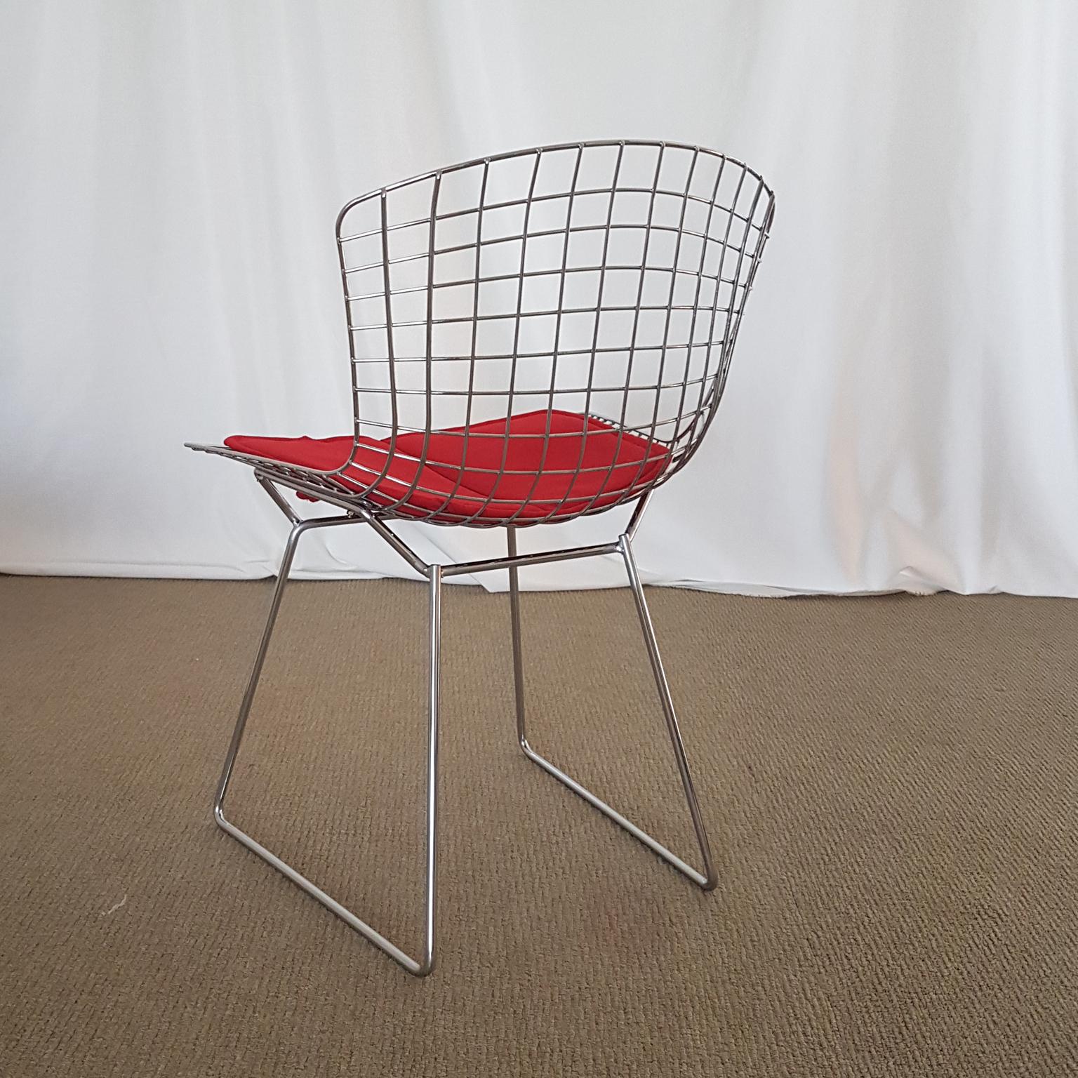Polished Harry Bertoia Italian Steel Wire Side Chair with Red Cushion, Mid-Century Modern For Sale