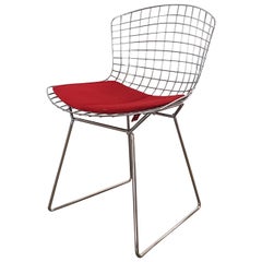 Harry Bertoia Italian Steel Wire Side Chair with Red Cushion, Mid-Century Modern