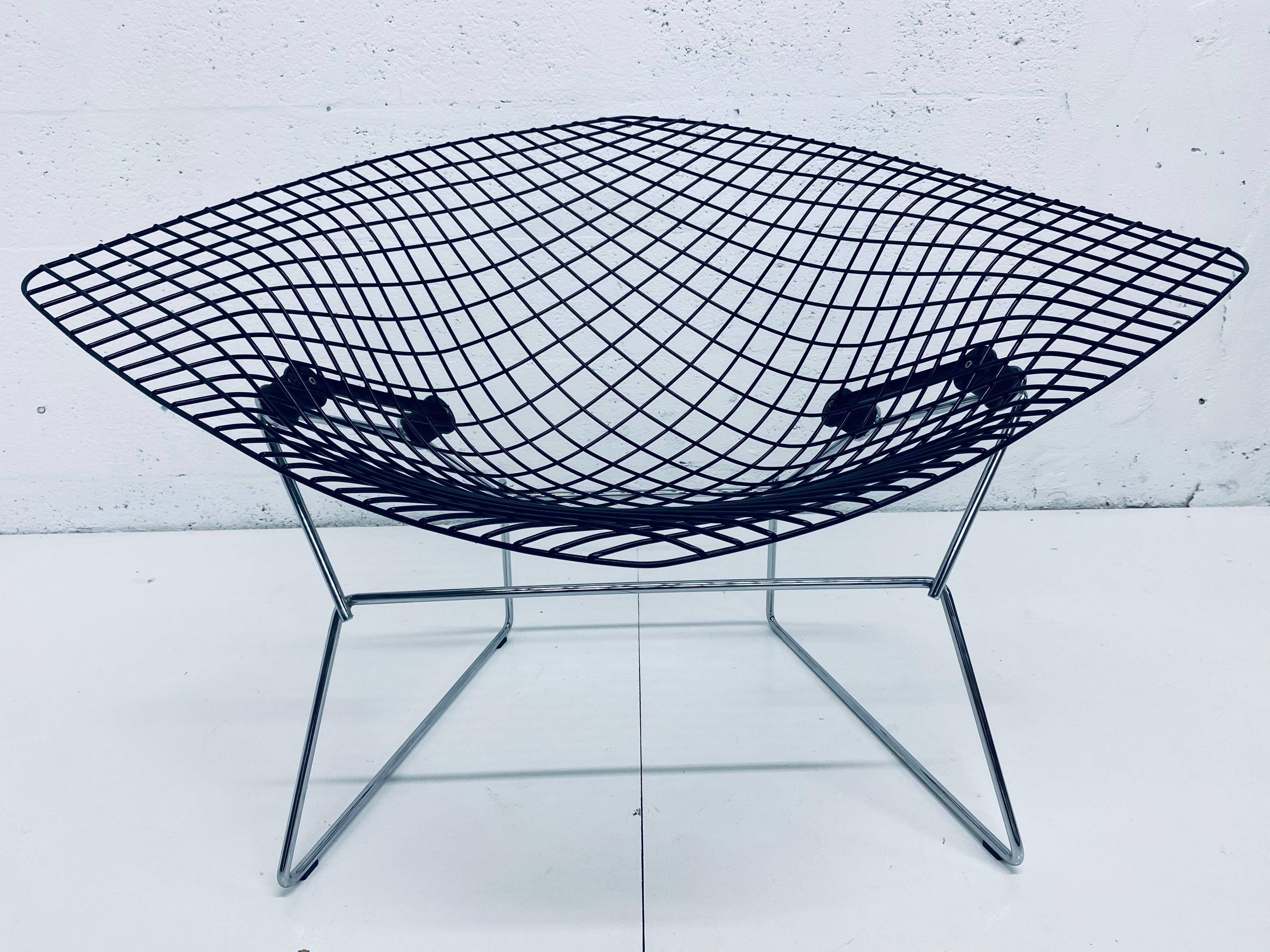 Fabric Harry Bertoia Wide Diamond Chair with Black Seat and Chrome Base for Knoll